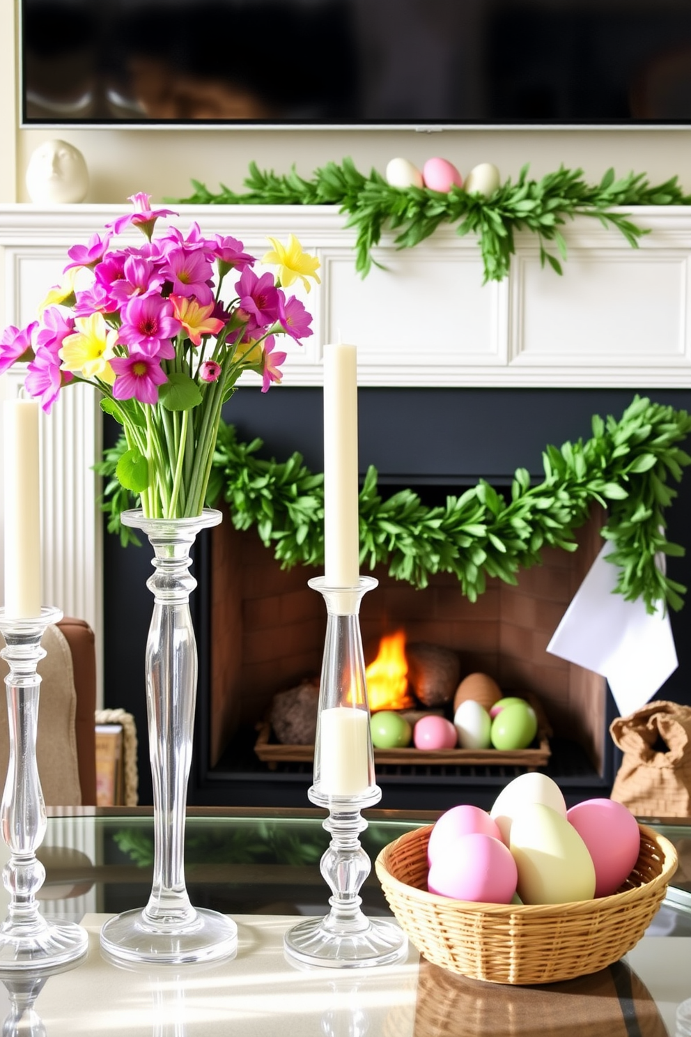 A cozy living room setting adorned with glass candlesticks holding vibrant spring florals. The fireplace is elegantly decorated for Easter, featuring pastel-colored eggs and a garland of fresh greenery along the mantel.