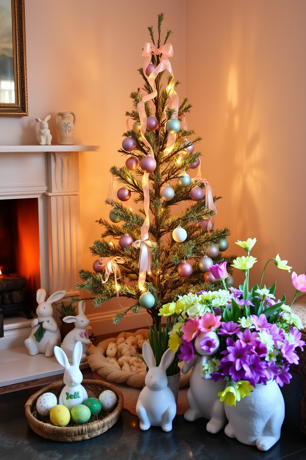 A charming Easter tree stands in the corner of a cozy living room, adorned with colorful ornaments and delicate pastel ribbons. The soft glow of a nearby fireplace adds warmth to the space, creating a festive atmosphere perfect for celebrating the holiday. Surrounding the tree are various Easter decorating ideas, including hand-painted eggs and whimsical bunny figurines. Fresh spring flowers in vibrant hues are arranged nearby, enhancing the cheerful ambiance of the room.