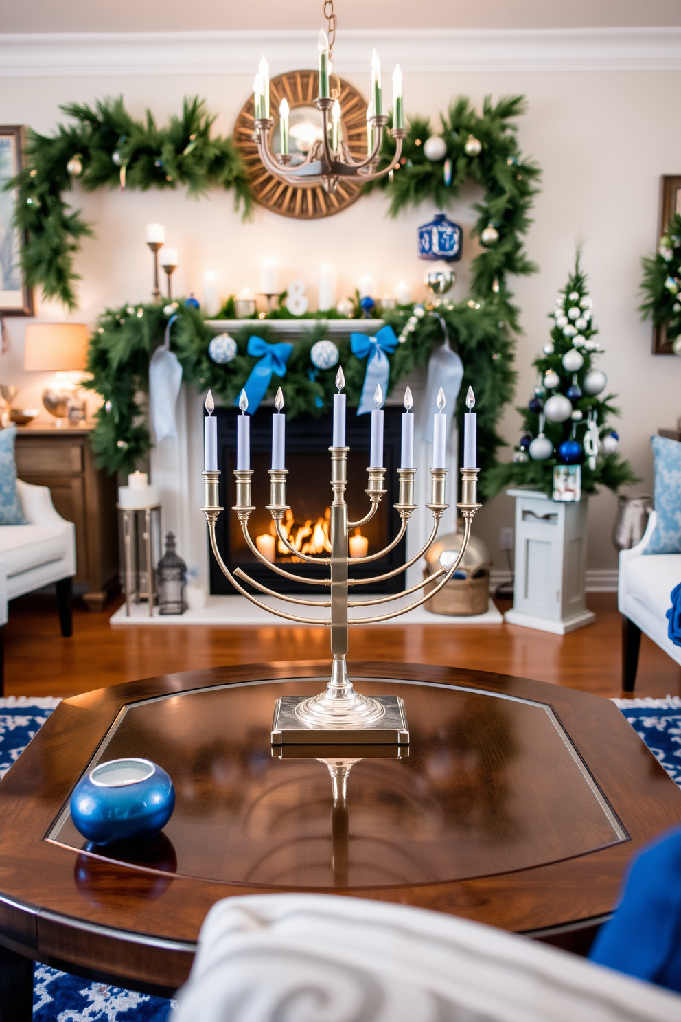 A beautifully decorated living room features a stunning menorah as the focal point centerpiece on a polished wooden coffee table. Surrounding the menorah, festive decorations include elegant blue and silver accents, with a cozy fireplace adorned with garlands and candles for a warm Hanukkah atmosphere. The fireplace is elegantly styled with traditional Hanukkah items, including decorative dreidels and vibrant menorah-themed ornaments. Soft, ambient lighting enhances the festive spirit, creating a welcoming space for family gatherings during the holiday season.