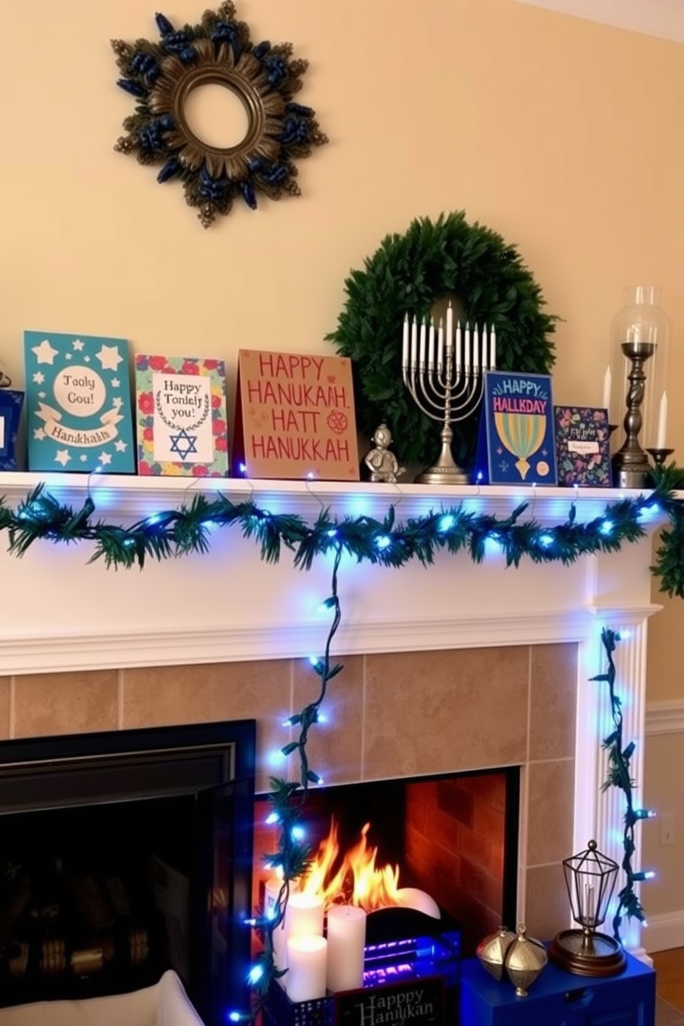 Colorful Hanukkah cards are displayed as decor on a mantle, adding a festive touch to the room. The cards feature vibrant designs and messages of celebration, creating a warm and inviting atmosphere. A cozy fireplace serves as the centerpiece of the Hanukkah decorating ideas, adorned with garlands of blue and white lights. Surrounding the fireplace are decorative elements like menorahs and dreidels, enhancing the holiday spirit.