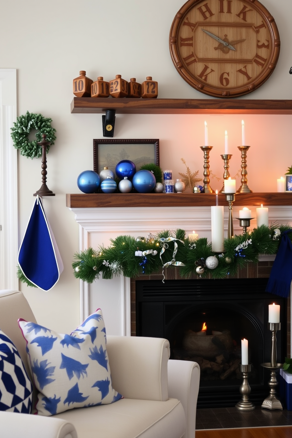 A vintage dreidel collection displayed on a rustic wooden shelf adds a charming touch to the room. The shelf is adorned with festive Hanukkah decorations, including blue and silver ornaments that enhance the holiday spirit. A cozy fireplace serves as the focal point of the living space, surrounded by elegant Hanukkah-themed decor. Soft, warm lighting casts a glow on the mantel, where decorative candles and seasonal accents create a welcoming atmosphere.