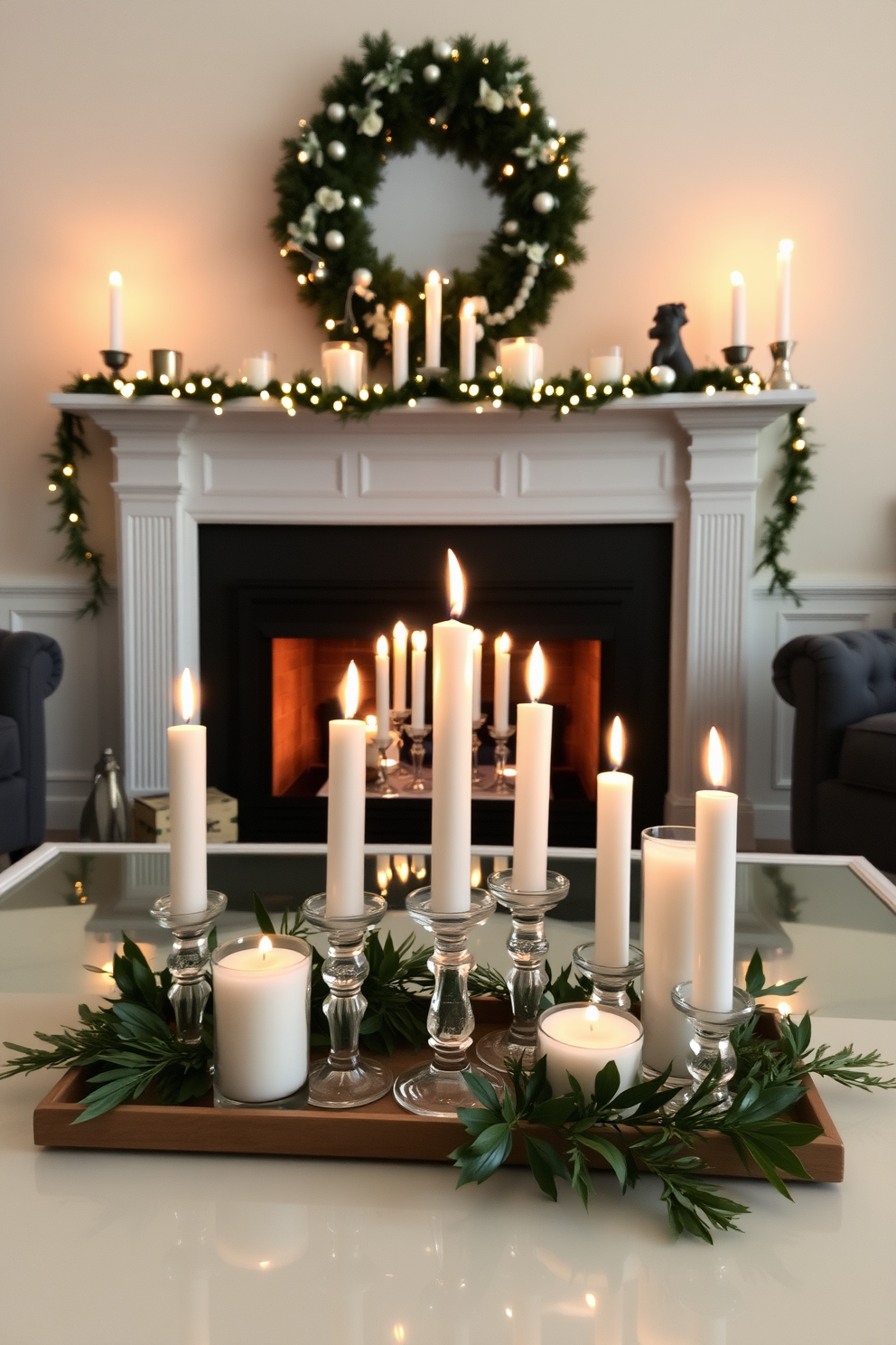 A cozy living room setting adorned with simple white candles placed in elegant glass holders. The flickering candlelight casts a warm glow, creating a serene atmosphere around a beautifully decorated fireplace for Hanukkah.