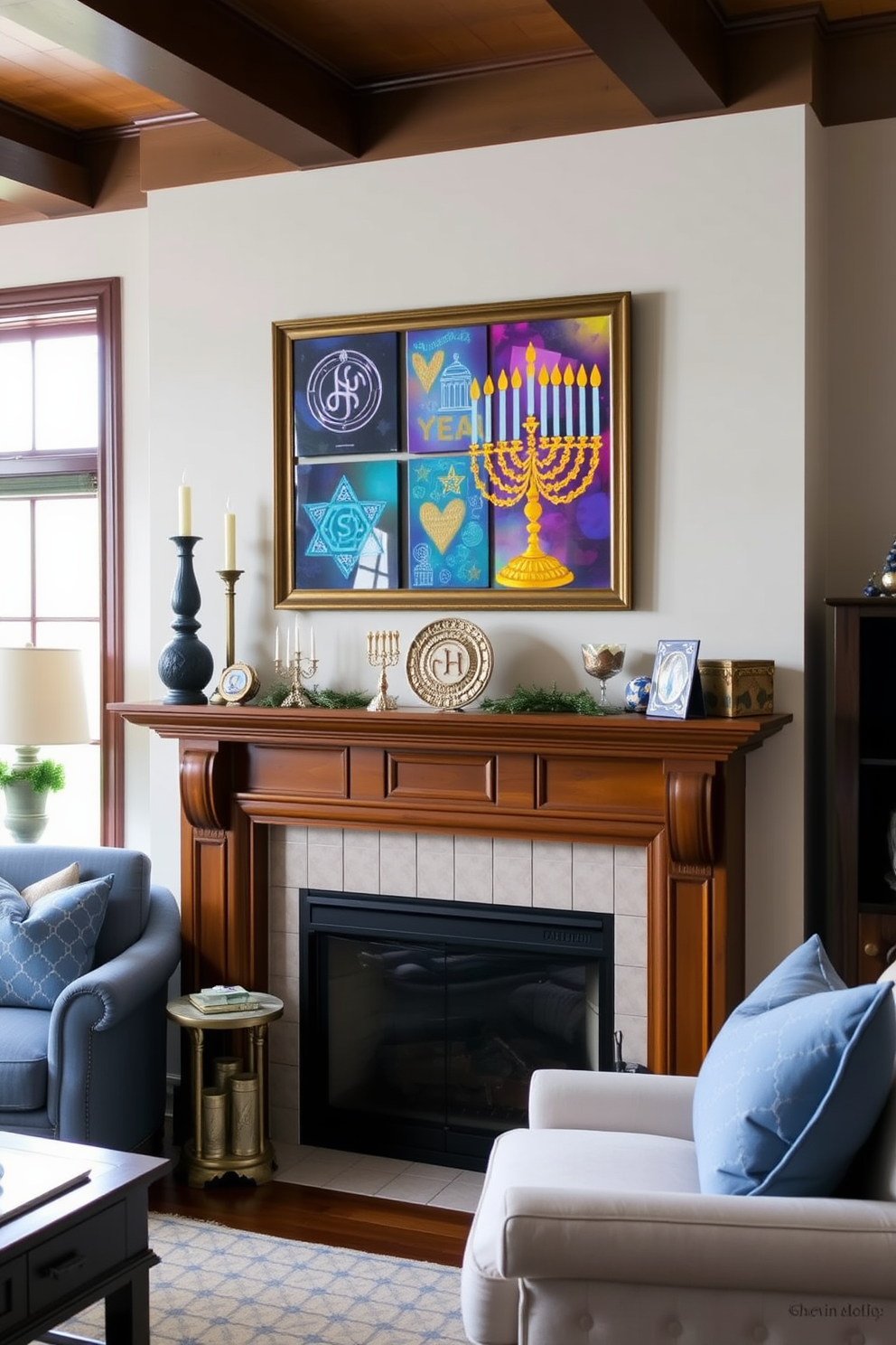 A cozy living room featuring a traditional fireplace with a beautiful mantle. Above the fireplace, there is a collection of Hanukkah themed artwork showcasing vibrant colors and festive symbols. The mantle is adorned with decorative items such as menorahs and dreidels. Soft blue and silver accents are used throughout the space to enhance the Hanukkah spirit.