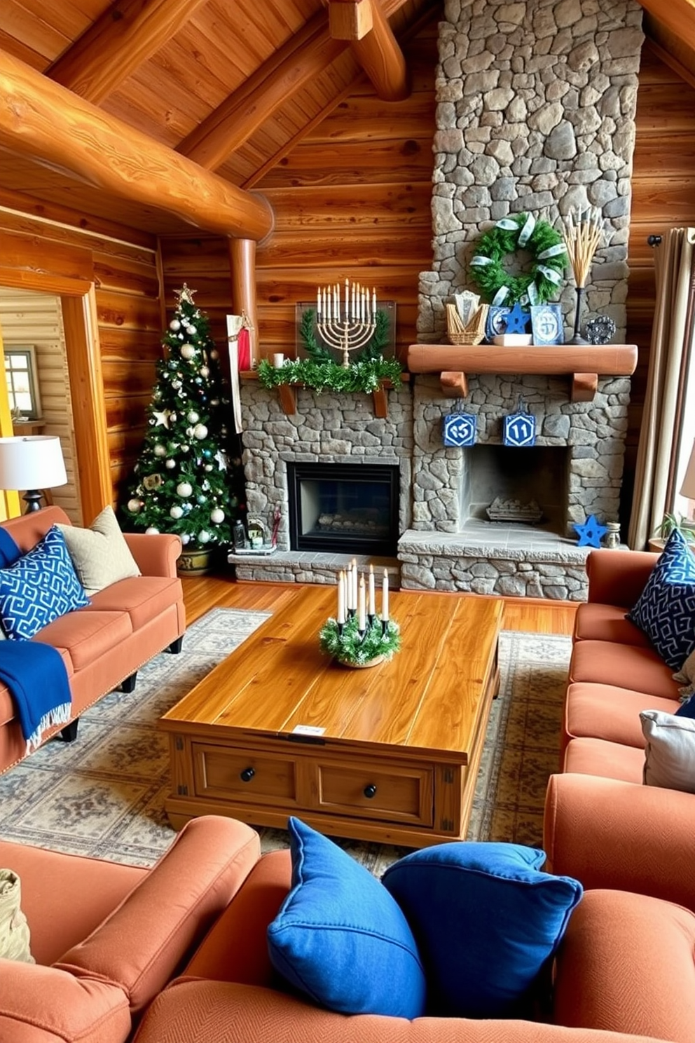 A cozy living room featuring natural wood elements that enhance rustic charm. A large wooden coffee table sits in the center, surrounded by comfortable seating upholstered in warm, earthy tones. To the side, a stone fireplace adds a focal point, adorned with festive Hanukkah decorations. Blue and silver accents, such as menorahs and decorative dreidels, create a cheerful atmosphere.