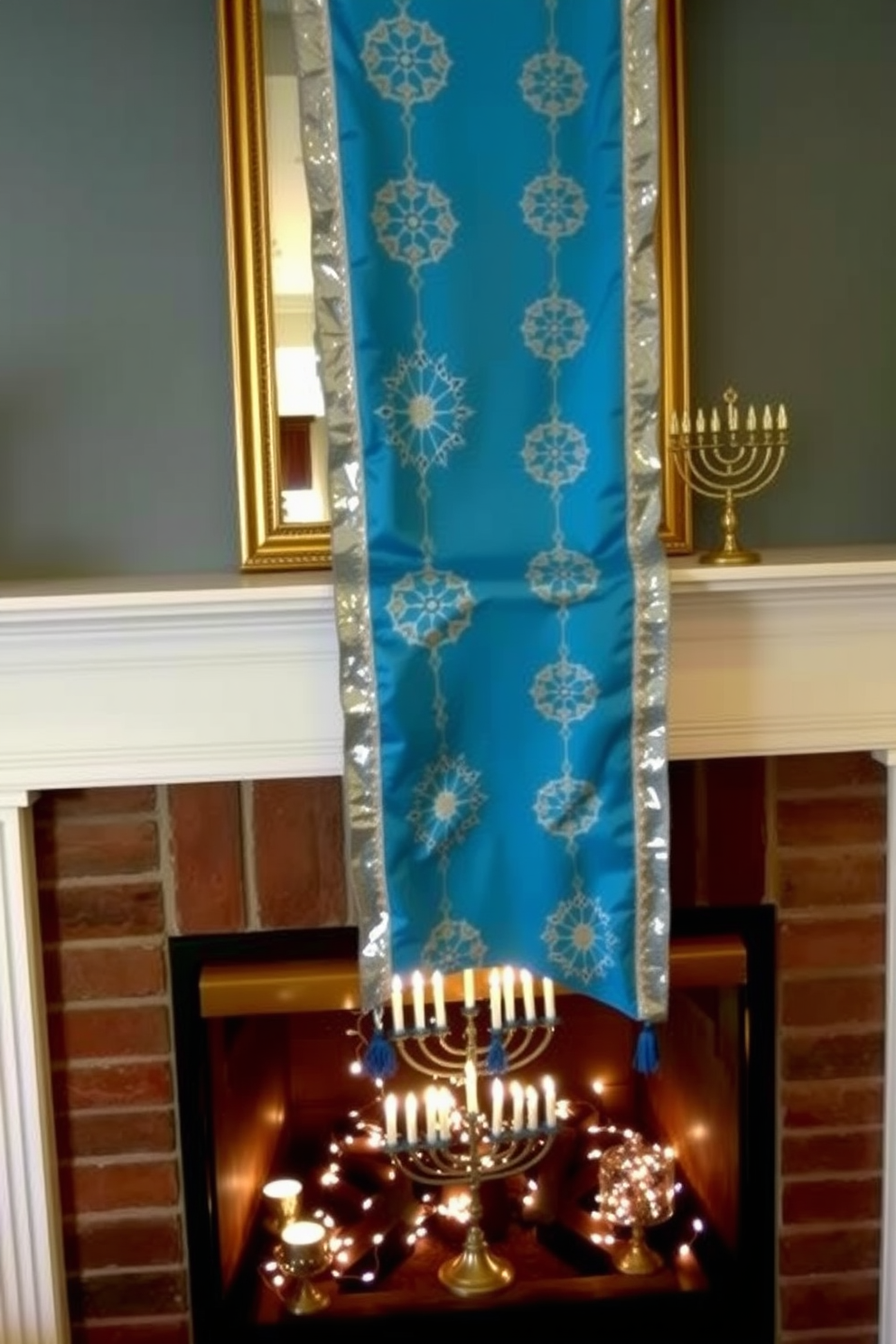 A festive table runner in vibrant blue and silver hues drapes elegantly over the mantel, complementing the holiday spirit. The fireplace below is adorned with decorative menorahs and soft white lights, creating a warm and inviting atmosphere for Hanukkah celebrations.