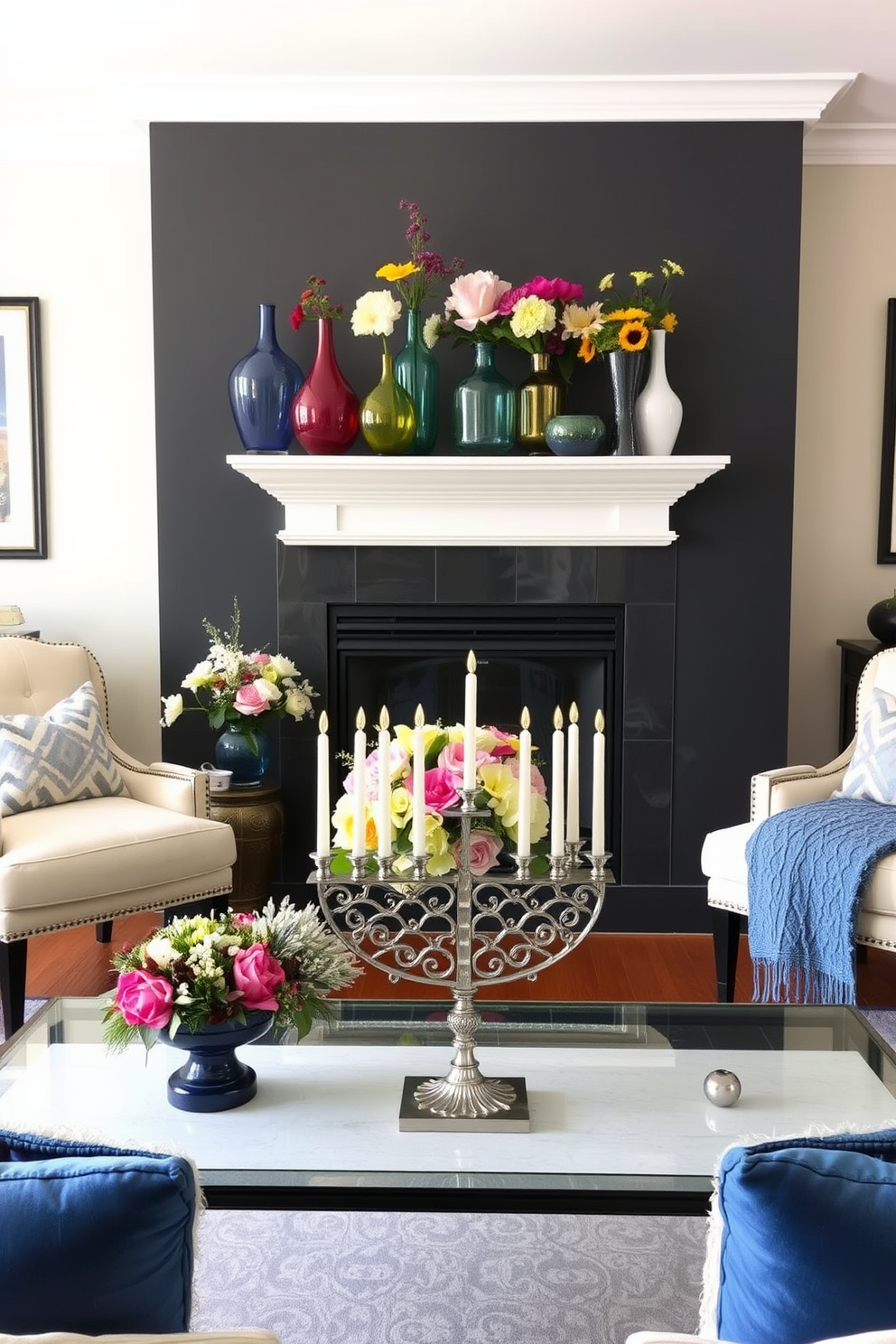 A cozy living room adorned with a striking fireplace as the focal point. The mantel is elegantly decorated with colorful glass vases in various shapes and sizes, showcasing a vibrant array of seasonal flowers. For Hanukkah, the room is enriched with traditional decorations. Blue and silver accents are tastefully integrated throughout the space, including a beautifully arranged menorah placed prominently on the coffee table.