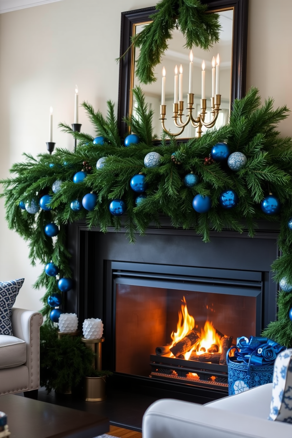 A cozy living room adorned with seasonal greenery and blue ornaments. A beautifully decorated fireplace serves as the focal point, surrounded by elegant Hanukkah decorations. The mantle is adorned with pine branches and sparkling blue ornaments, creating a festive atmosphere. Soft lighting highlights the warmth of the fireplace, inviting guests to gather and celebrate the holiday.