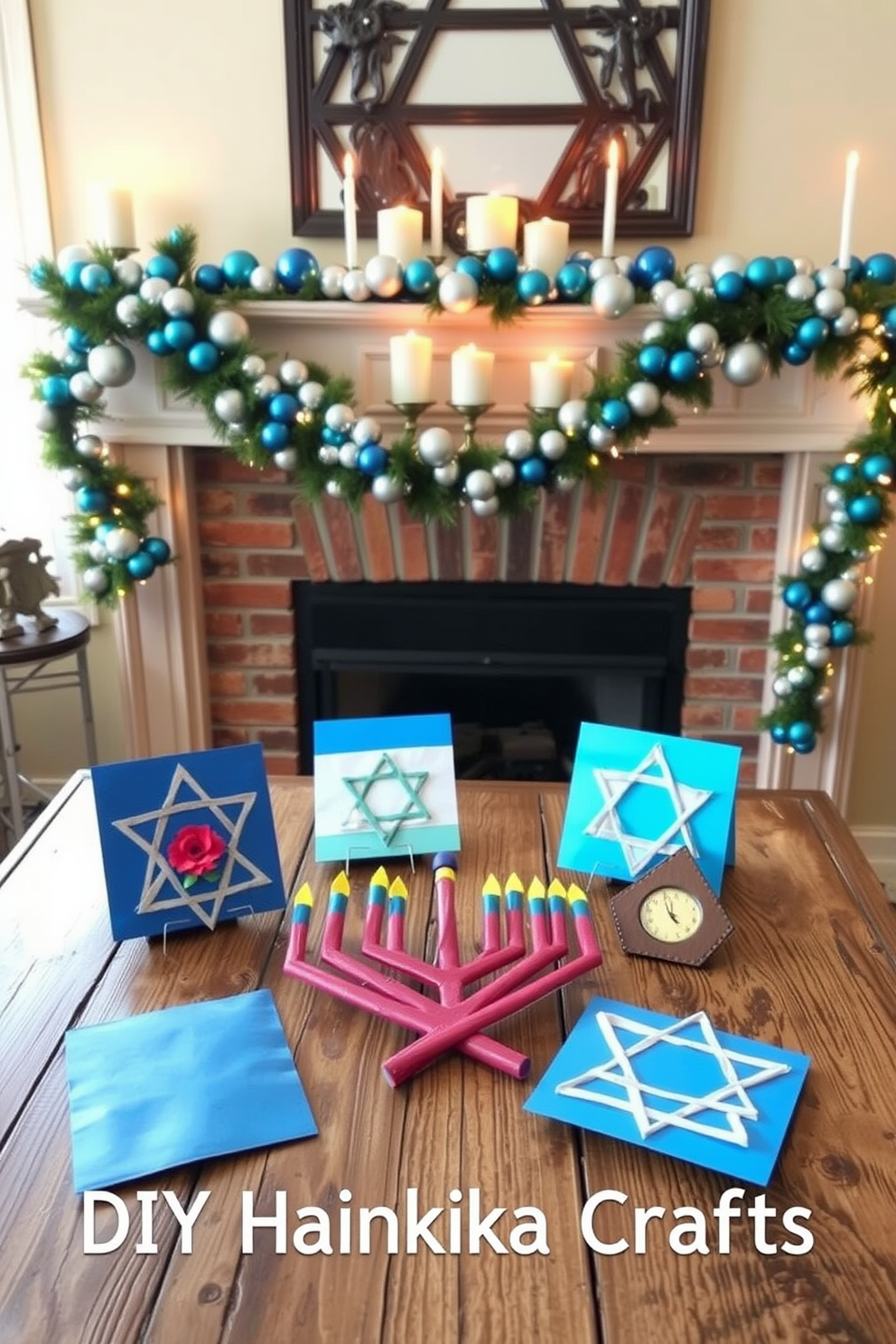 A collection of DIY Hanukkah crafts is displayed on a rustic wooden table. Each craft showcases vibrant colors and traditional symbols, arranged artfully with twinkling lights in the background. The fireplace is elegantly decorated for Hanukkah, featuring a beautiful garland of blue and silver ornaments. Candles are strategically placed on the mantel, creating a warm and inviting atmosphere.