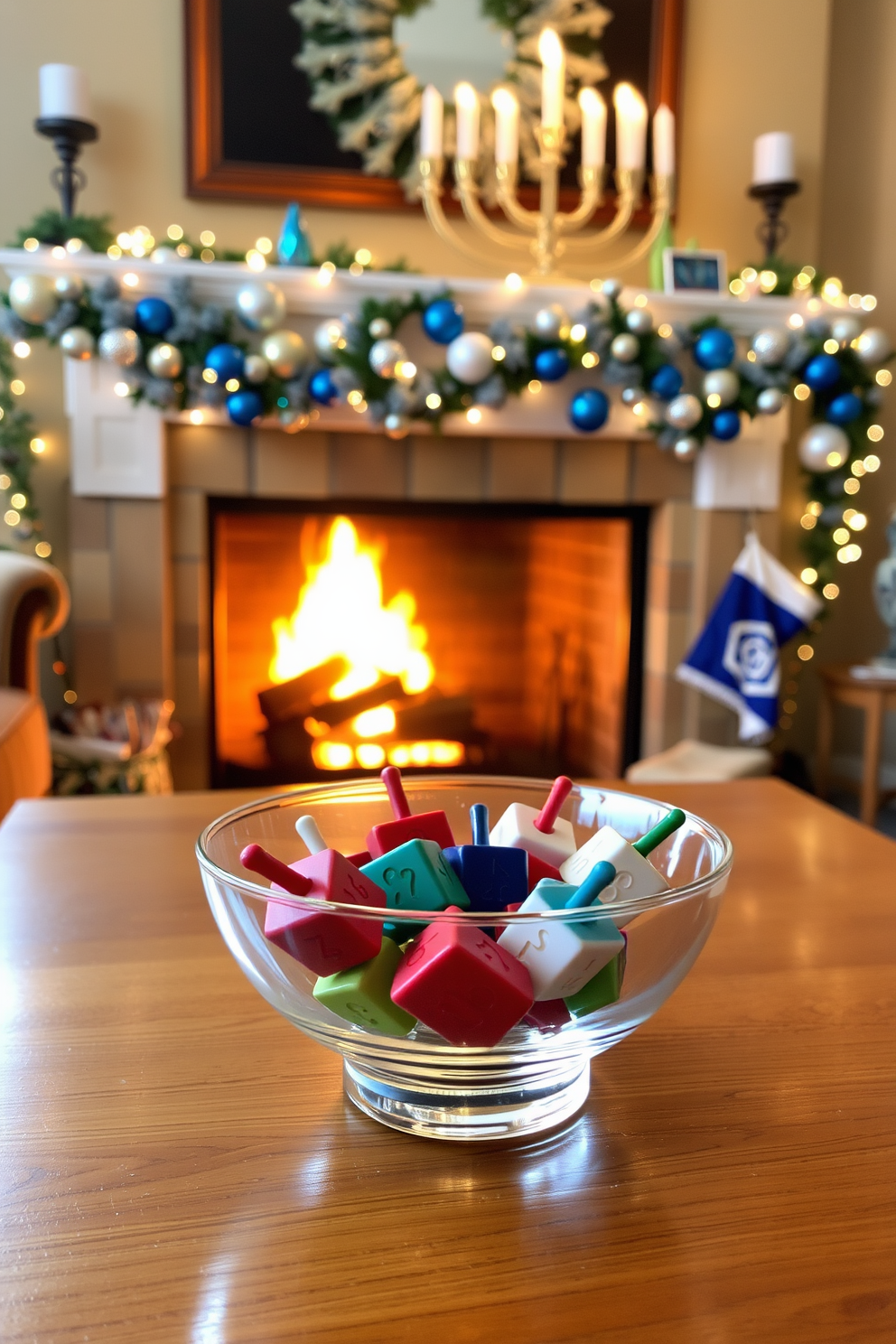 A decorative glass bowl filled with colorful dreidels sits on a wooden coffee table. The warm glow of a fireplace in the background adds a cozy ambiance, surrounded by festive Hanukkah decorations. The mantle above the fireplace is adorned with string lights and blue and silver ornaments. A menorah stands prominently, casting a soft light that enhances the holiday spirit in the room.