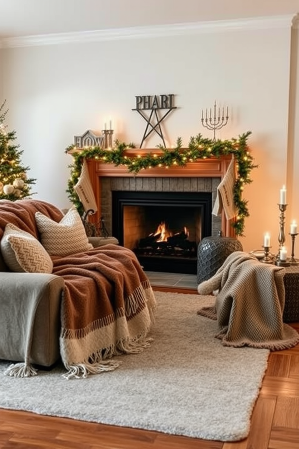 Layered textures create a cozy atmosphere in a living room adorned with soft blankets draped over a plush sofa. A warm and inviting fireplace serves as the focal point, surrounded by tasteful Hanukkah decorations that add a festive touch. The walls are painted in a soft cream color, enhancing the warmth of the space, while the floor features a rich hardwood that complements the layered textiles. Twinkling lights and elegant menorahs are strategically placed to create a harmonious blend of comfort and celebration.