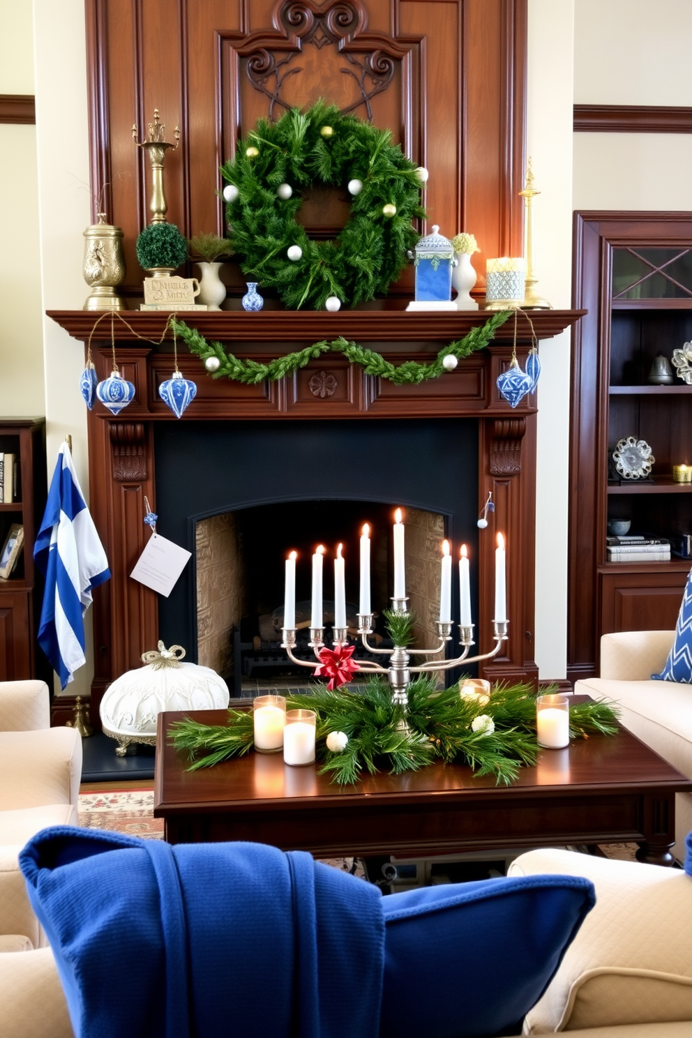 A cozy living room featuring a traditional fireplace with intricate woodwork and a classic mantelpiece. Surrounding the fireplace are unexpected decorative elements, such as handmade Hanukkah ornaments and a vibrant blue and white color scheme. The room is adorned with plush seating that invites relaxation, complemented by warm lighting that enhances the festive atmosphere. A beautifully arranged menorah sits prominently on the mantel, surrounded by seasonal greenery and candles that flicker gently.