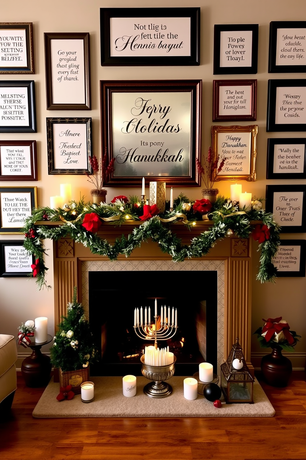 Charming holiday quotes are elegantly displayed in various frames throughout the room. A cozy fireplace serves as the focal point, adorned with festive decorations that celebrate Hanukkah.