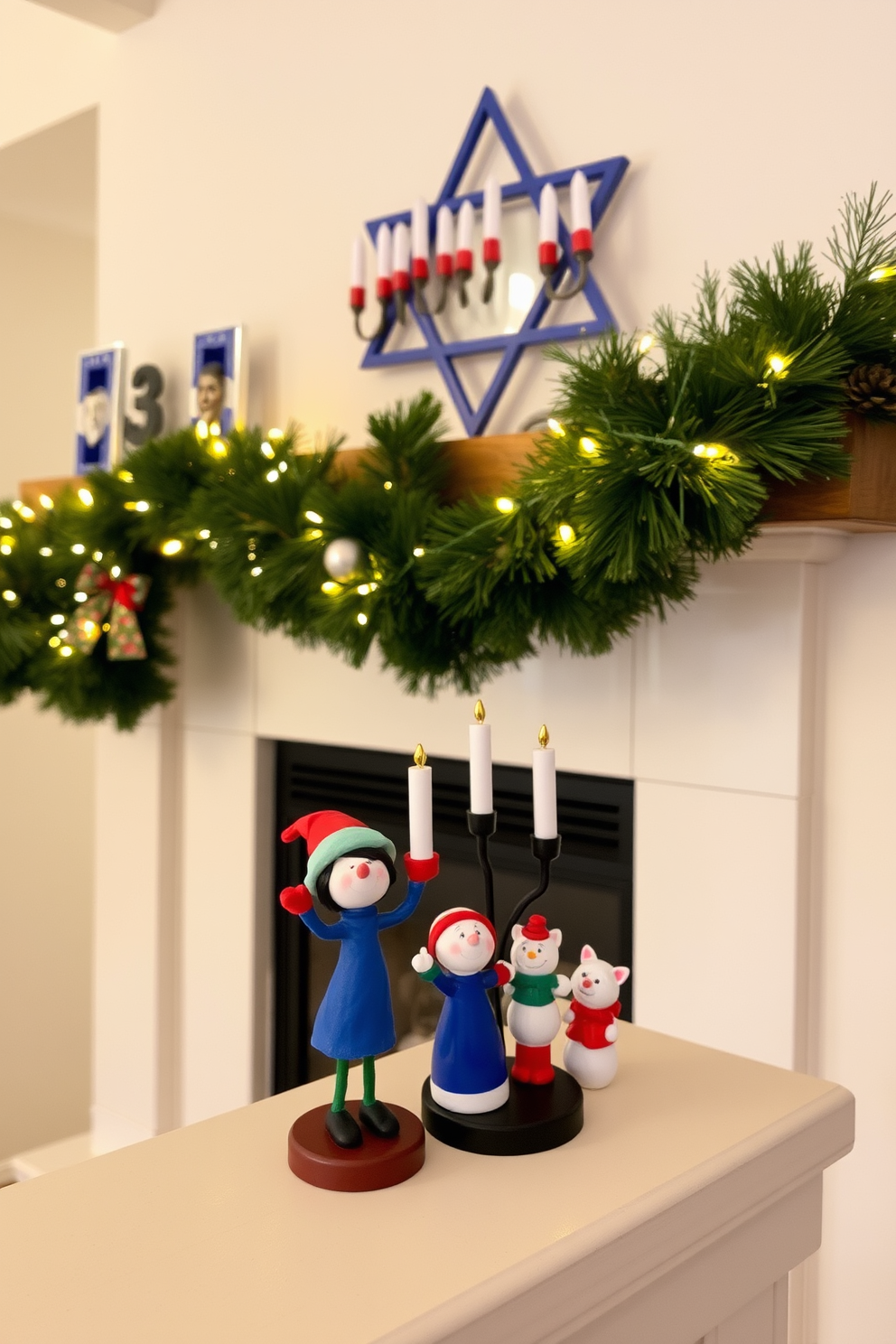 Whimsical holiday figurines are playfully arranged on the mantelpiece, adding a touch of cheer to the festive atmosphere. A cozy fireplace serves as the backdrop, adorned with garlands and twinkling lights to enhance the Hanukkah spirit.