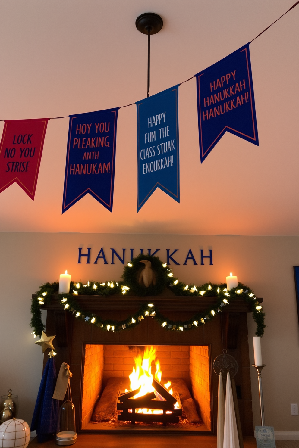 Banners with festive messages hang down from the ceiling, adorned in vibrant colors and playful fonts. The warm glow of the fireplace creates a cozy atmosphere, surrounded by decorative elements that celebrate the spirit of Hanukkah.