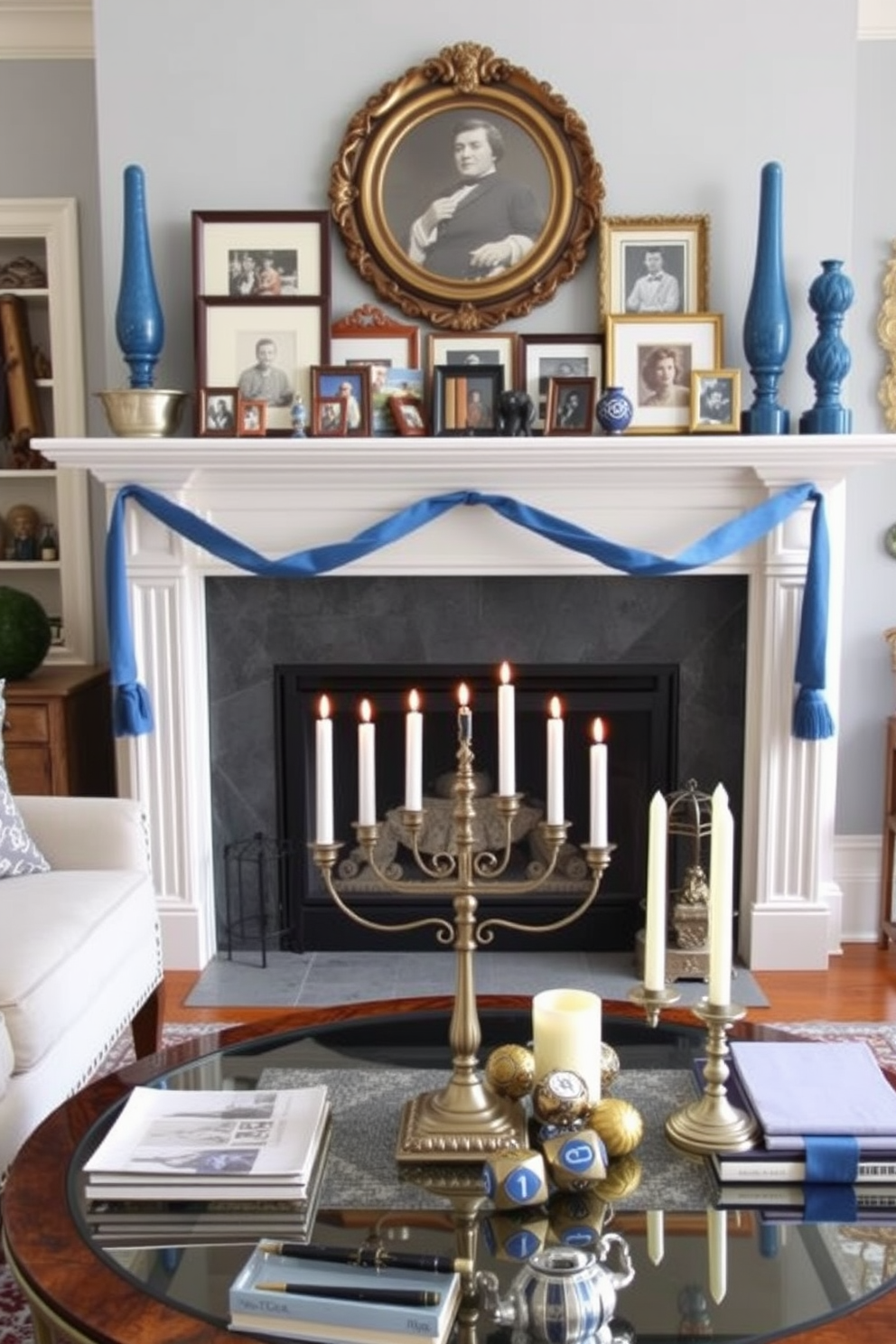 A cozy living room featuring a fireplace with a beautiful mantel adorned with family heirlooms. The mantel displays a collection of vintage photographs and decorative items that tell a story of generations. For Hanukkah, the room is decorated with elegant blue and silver accents. A menorah sits on the coffee table, surrounded by festive candles and a small display of dreidels.