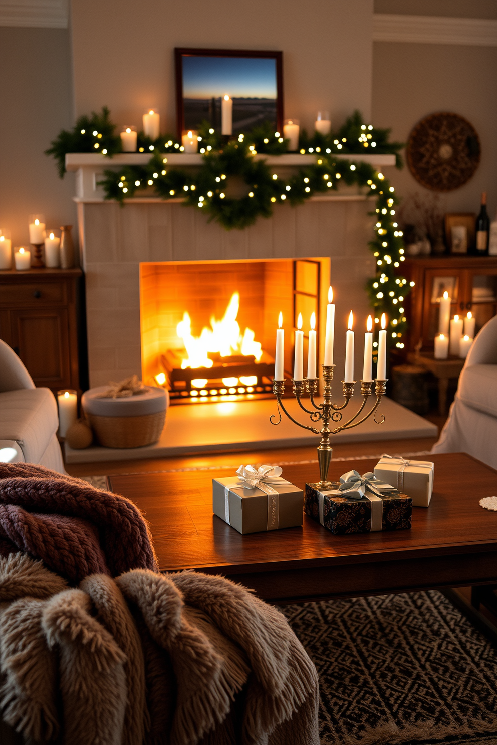 A cozy living room adorned with seasonal scents from aromatic candles. The warm glow of the fireplace creates an inviting atmosphere, enhancing the festive spirit of Hanukkah decorations. Elegant menorahs are placed on the coffee table, surrounded by beautifully wrapped gifts. Soft, plush throw blankets in rich colors add warmth and comfort to the space.