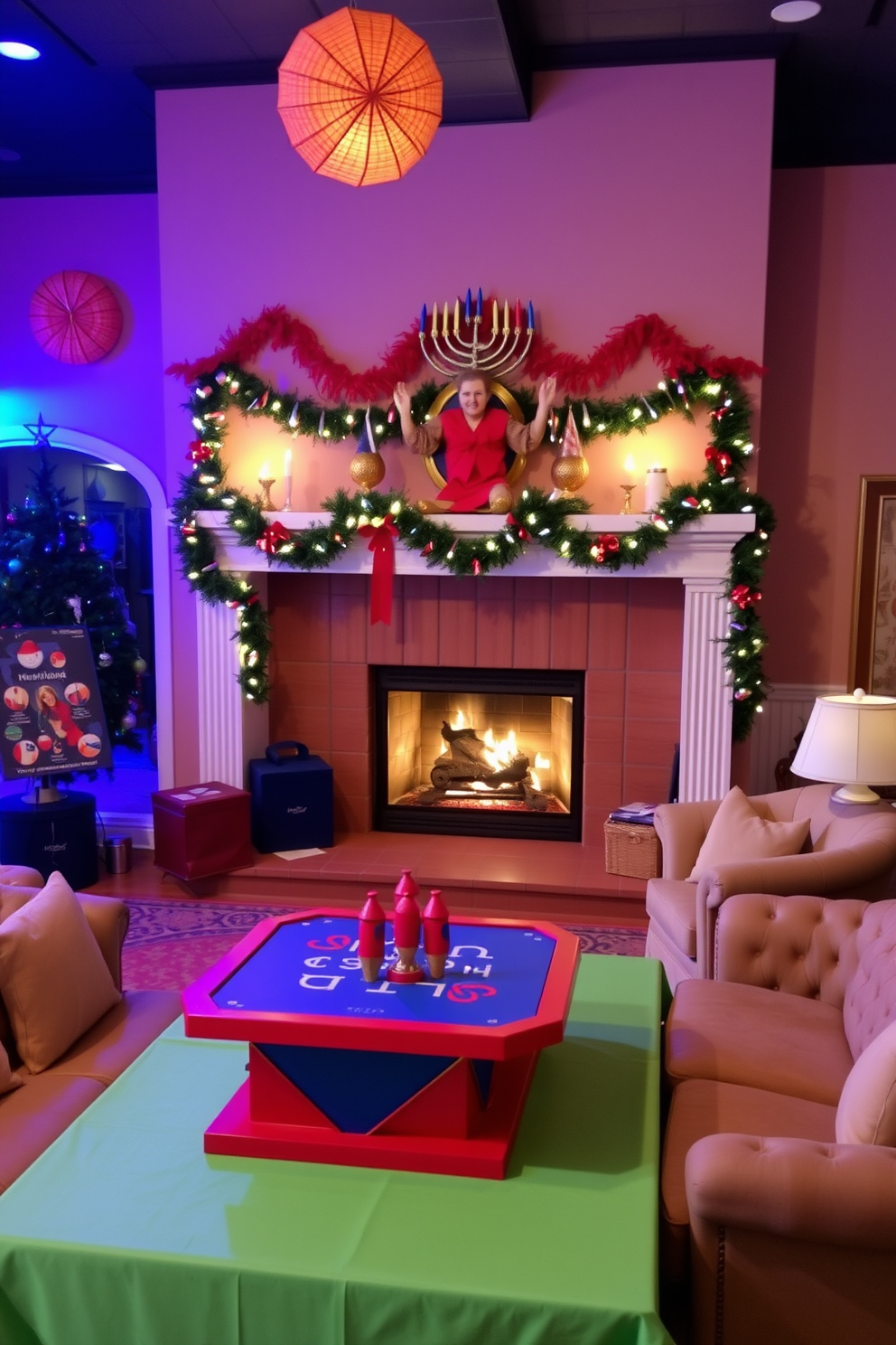 A vibrant interactive dreidel game display area is set up with colorful decorations and festive lighting. The space features a large table covered with a bright tablecloth, where guests can gather to play and celebrate. A cozy fireplace serves as the focal point of the room, adorned with seasonal garlands and menorahs. Surrounding the fireplace, plush seating invites family and friends to relax and enjoy the warmth of the holiday spirit.