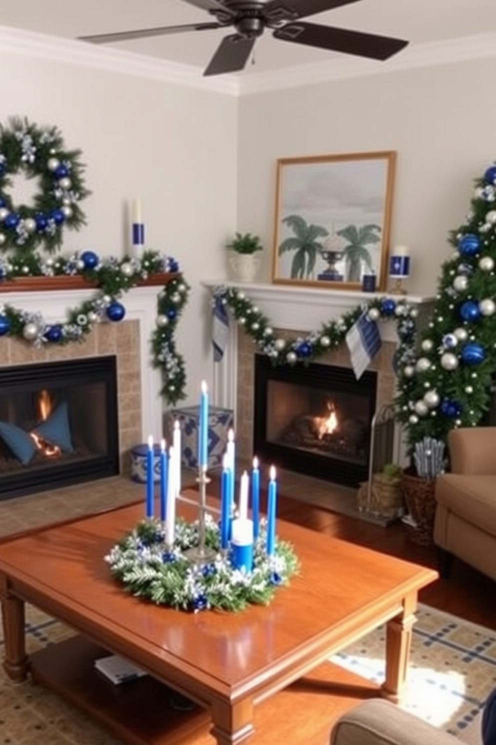 Create a cozy living room adorned with blue and white themed garland accents. The garland elegantly drapes along the mantelpiece, complementing the warm glow of the fireplace that serves as the focal point of the room. Incorporate festive Hanukkah decorations throughout the space. Add a beautifully arranged menorah on the coffee table, surrounded by blue and white candles, enhancing the holiday spirit.