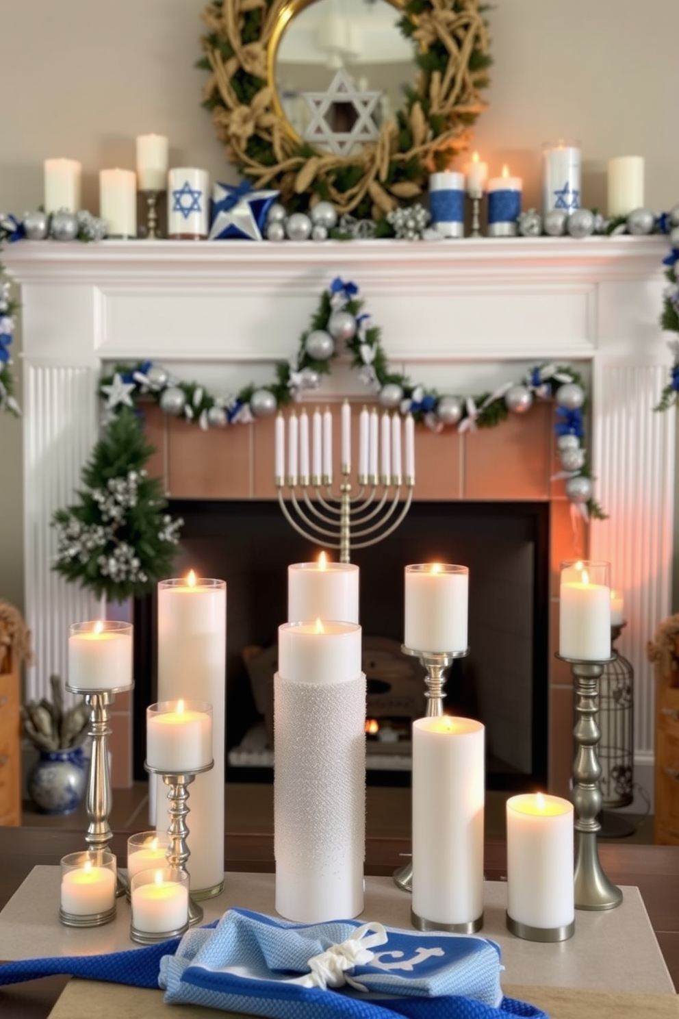 A cozy living room setting featuring a fireplace adorned with layered candles of varying heights to create a warm ambiance. The mantle is decorated with festive Hanukkah decorations, including blue and silver accents, and a beautiful menorah sits prominently in the center.