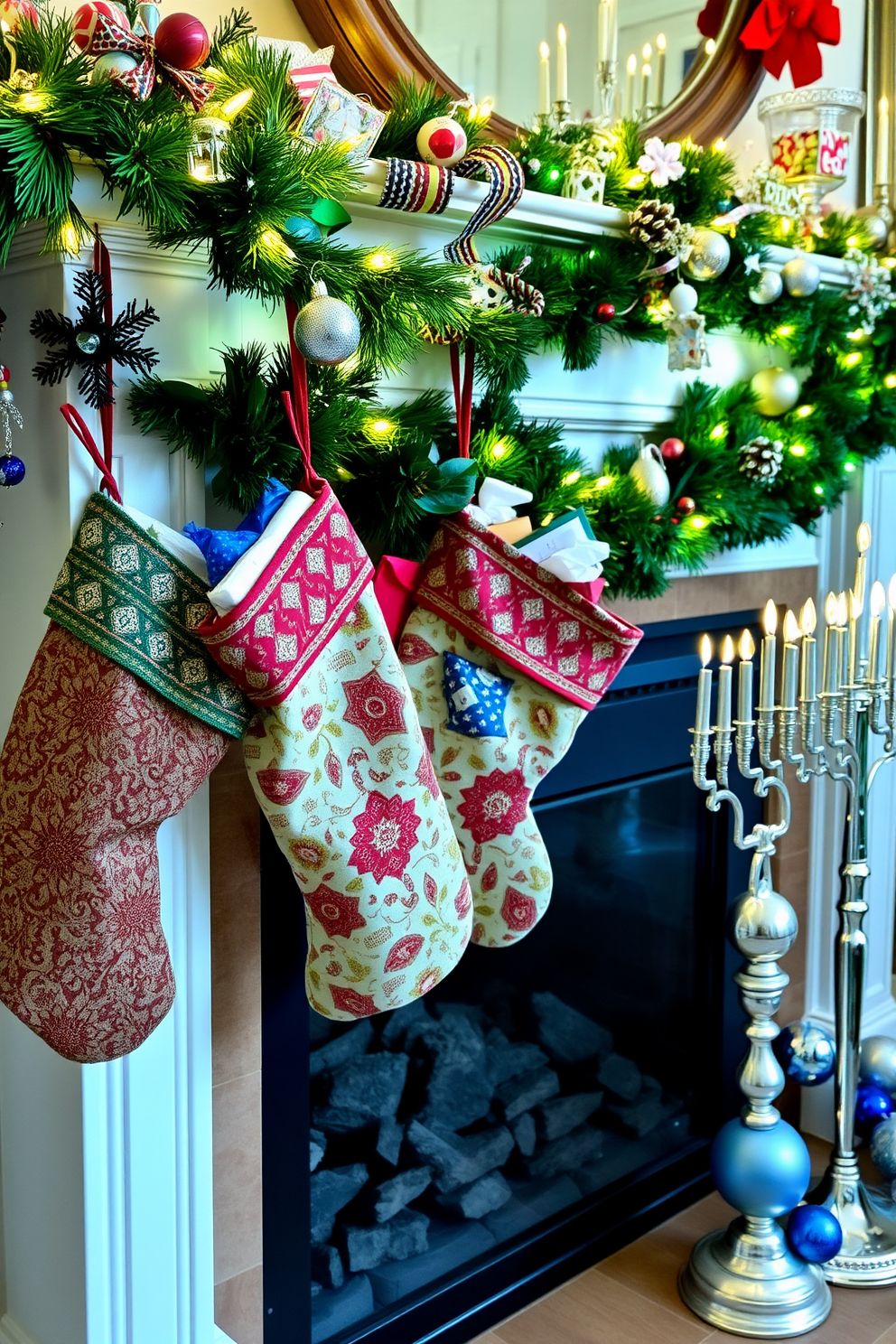 Festive fabric stockings hang by the fireplace, each adorned with intricate patterns and vibrant colors. The stockings are filled with an assortment of gifts, creating a warm and inviting atmosphere for the holiday season. The fireplace is elegantly decorated with holiday garlands and twinkling lights, enhancing the festive spirit. Nearby, a beautifully arranged display of menorahs and blue and silver ornaments adds a touch of Hanukkah charm to the space.