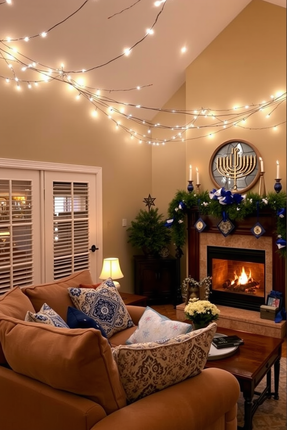 A warm and inviting living room illuminated by soft string lights draped across the ceiling. A plush sofa is adorned with festive pillows, creating a cozy atmosphere perfect for gatherings. In the corner, a traditional fireplace crackles softly, its mantel decorated with elegant Hanukkah decorations. Blue and silver accents, including menorahs and dreidels, add a touch of holiday spirit to the space.