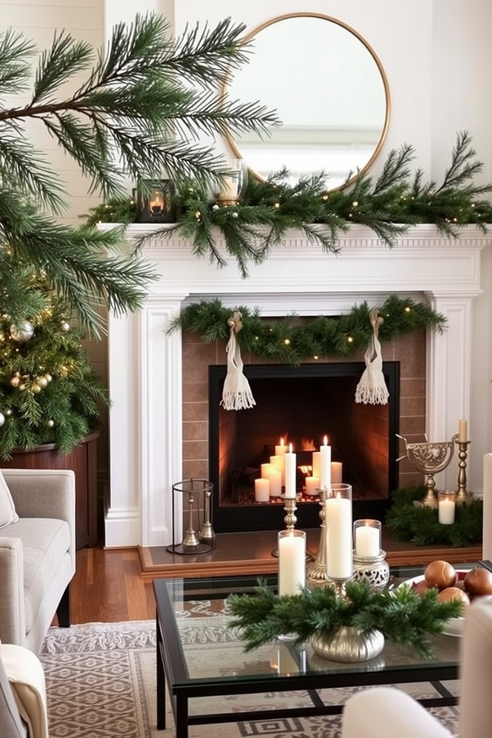 A cozy living room adorned with pine branches that bring a natural touch to the festive decor. A beautifully designed fireplace serves as the focal point, decorated with elegant Hanukkah ornaments and soft candlelight.