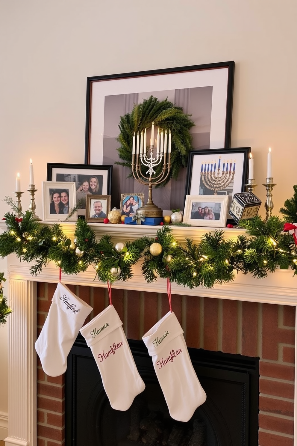 A personalized Hanukkah photo display is set up on a mantelpiece adorned with festive decorations. The display features framed family photos alongside traditional menorahs and decorative dreidels, creating a warm and inviting atmosphere. The fireplace is beautifully decorated with garlands of evergreen and twinkling fairy lights. Stockings embroidered with names hang from the mantel, adding a personal touch to the cozy holiday setting.