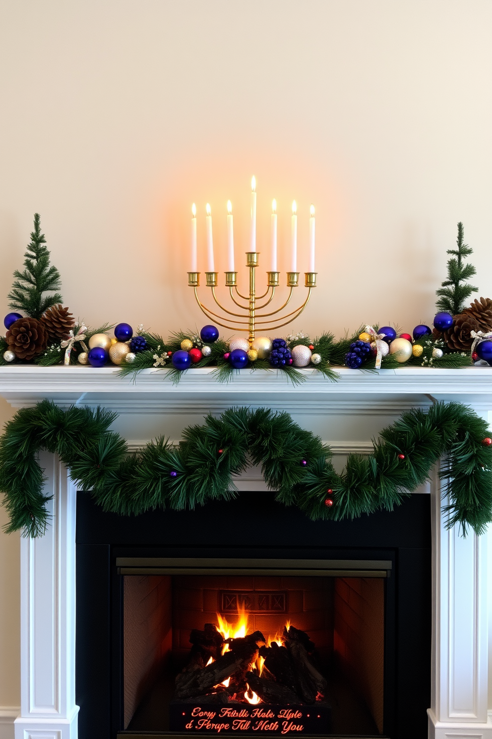 Artful menorah arrangement on the mantel creates a warm and inviting atmosphere. The fireplace serves as a stunning backdrop, adorned with festive decorations that celebrate the spirit of Hanukkah.