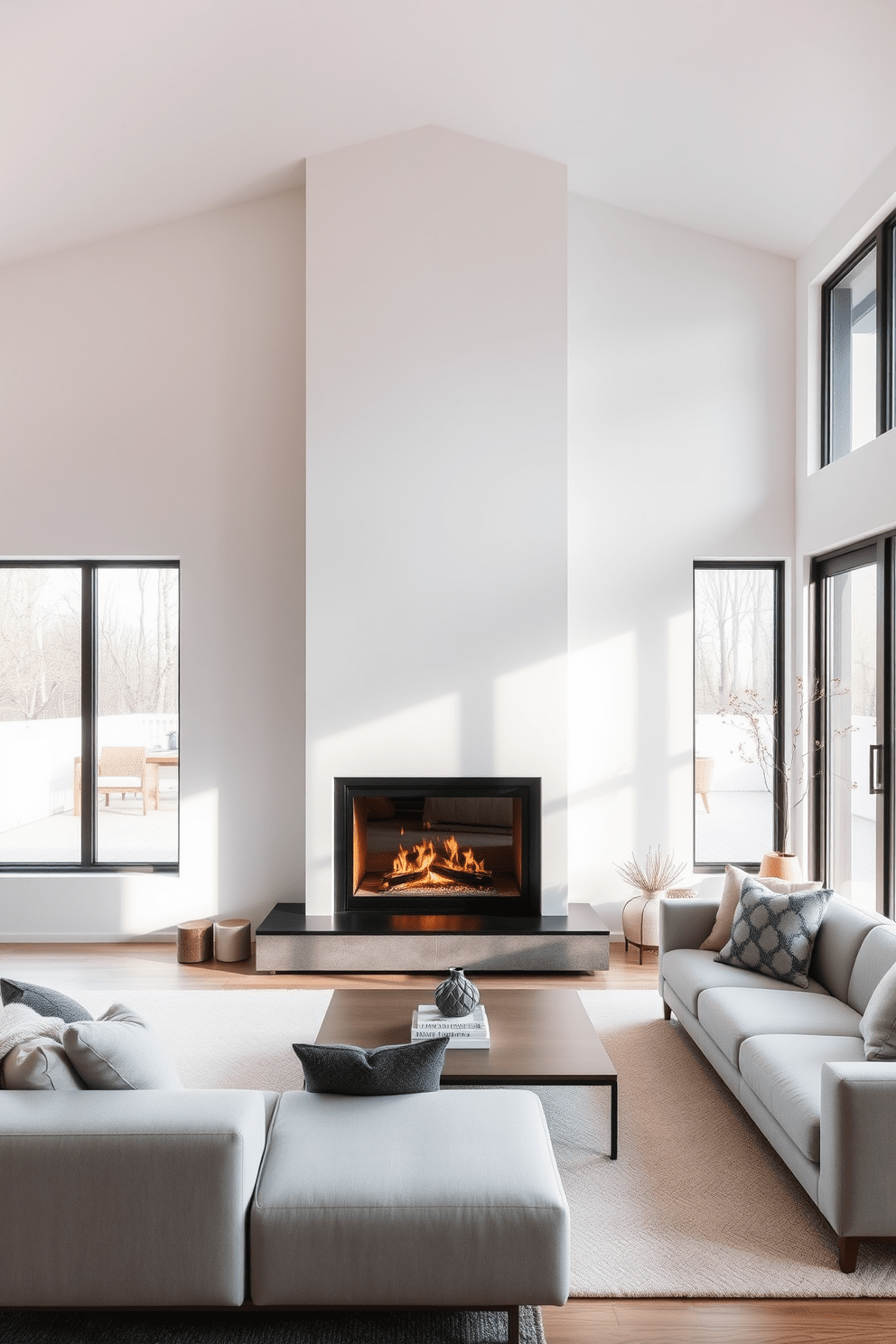 A modern minimalist fireplace is the focal point of the living room, featuring sleek lines and a clean, understated design. The surrounding area is adorned with neutral tones, creating a serene atmosphere that enhances the fireplace's elegance. A comfortable sectional sofa in light gray complements the fireplace, while a low-profile coffee table adds to the minimalist aesthetic. Large windows allow natural light to flood the space, highlighting the simplicity and sophistication of the design.