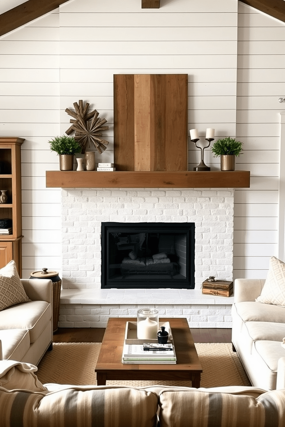 A cozy farmhouse living room features a stunning fireplace framed by shiplap walls. The fireplace is adorned with rustic wooden mantel decor and flanked by comfortable seating in warm, neutral tones.