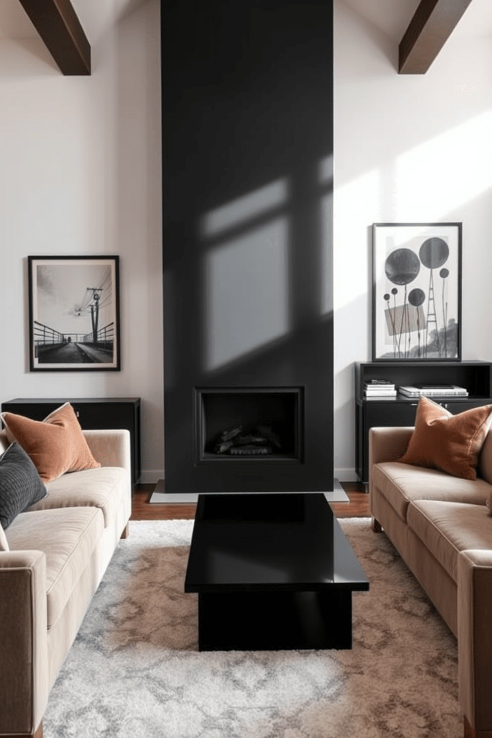 A bold black fireplace serves as the stunning focal point of the living room. Flanking the fireplace, plush seating arrangements in neutral tones create a cozy and inviting atmosphere. The walls are adorned with tasteful artwork that complements the fireplace's striking design. A sleek coffee table sits in front of the seating area, enhancing the room's modern aesthetic.