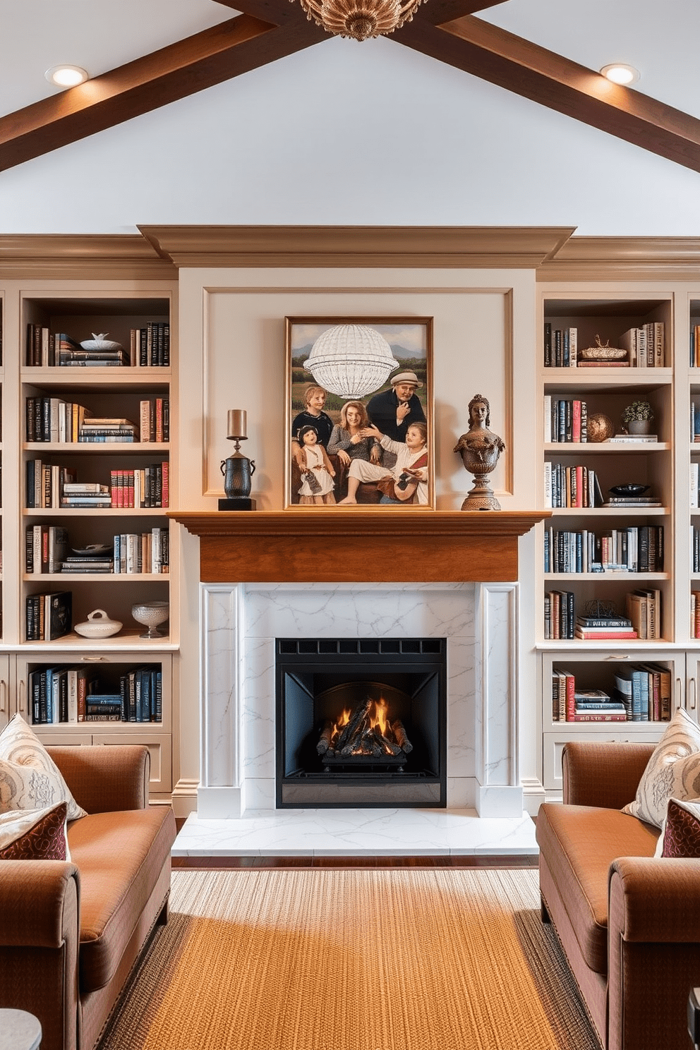 A cozy living room featuring a central fireplace flanked by elegant built-in bookshelves on both sides. The fireplace is framed in white marble, with a warm wood mantle above, creating a focal point for the room's design. The bookshelves are filled with an array of books and decorative items, adding personality and charm. Soft, plush seating arrangements are positioned around the fireplace, inviting relaxation and conversation.