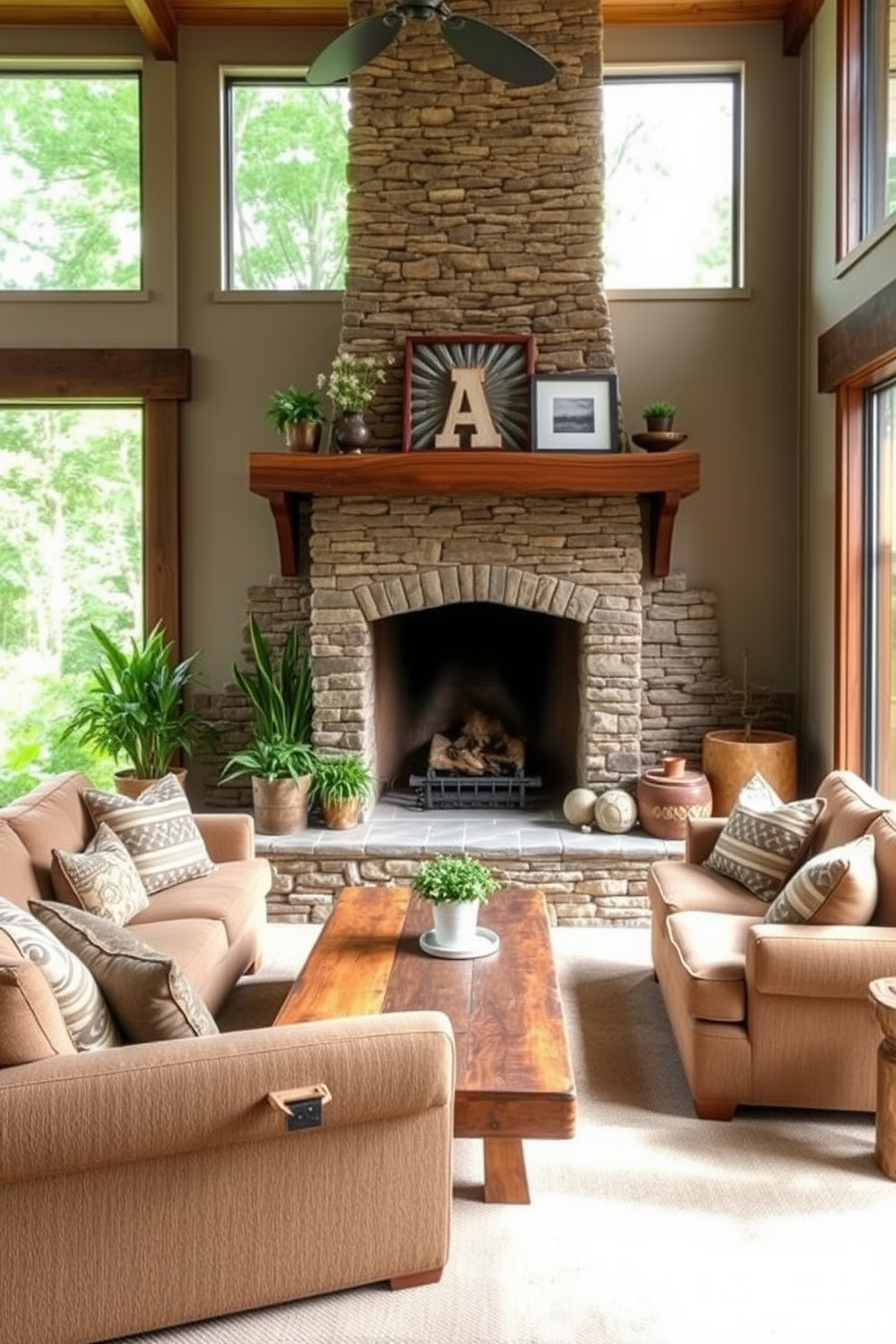 Create a cozy living room centered around an outdoor-inspired fireplace that incorporates natural elements. The fireplace is constructed from stacked stone, surrounded by a wooden mantel and adorned with potted plants and rustic decor. The seating area features a plush sectional sofa in earthy tones, complemented by a reclaimed wood coffee table. Large windows allow natural light to flood the space, framing views of the surrounding greenery and enhancing the connection to the outdoors.