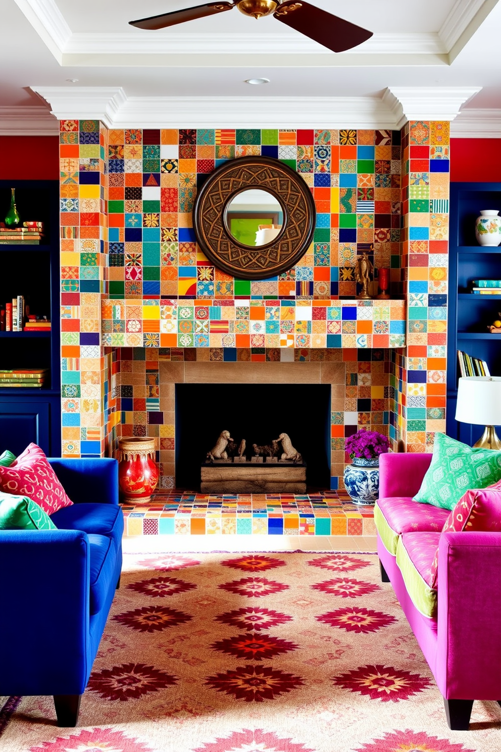 A colorful tiled fireplace serves as the focal point of a vibrant living room. The tiles feature a mix of bold patterns and hues, creating an energetic and inviting atmosphere. Surrounding the fireplace, plush seating in complementary colors enhances the lively decor. A large area rug with geometric designs anchors the space, adding warmth and texture.