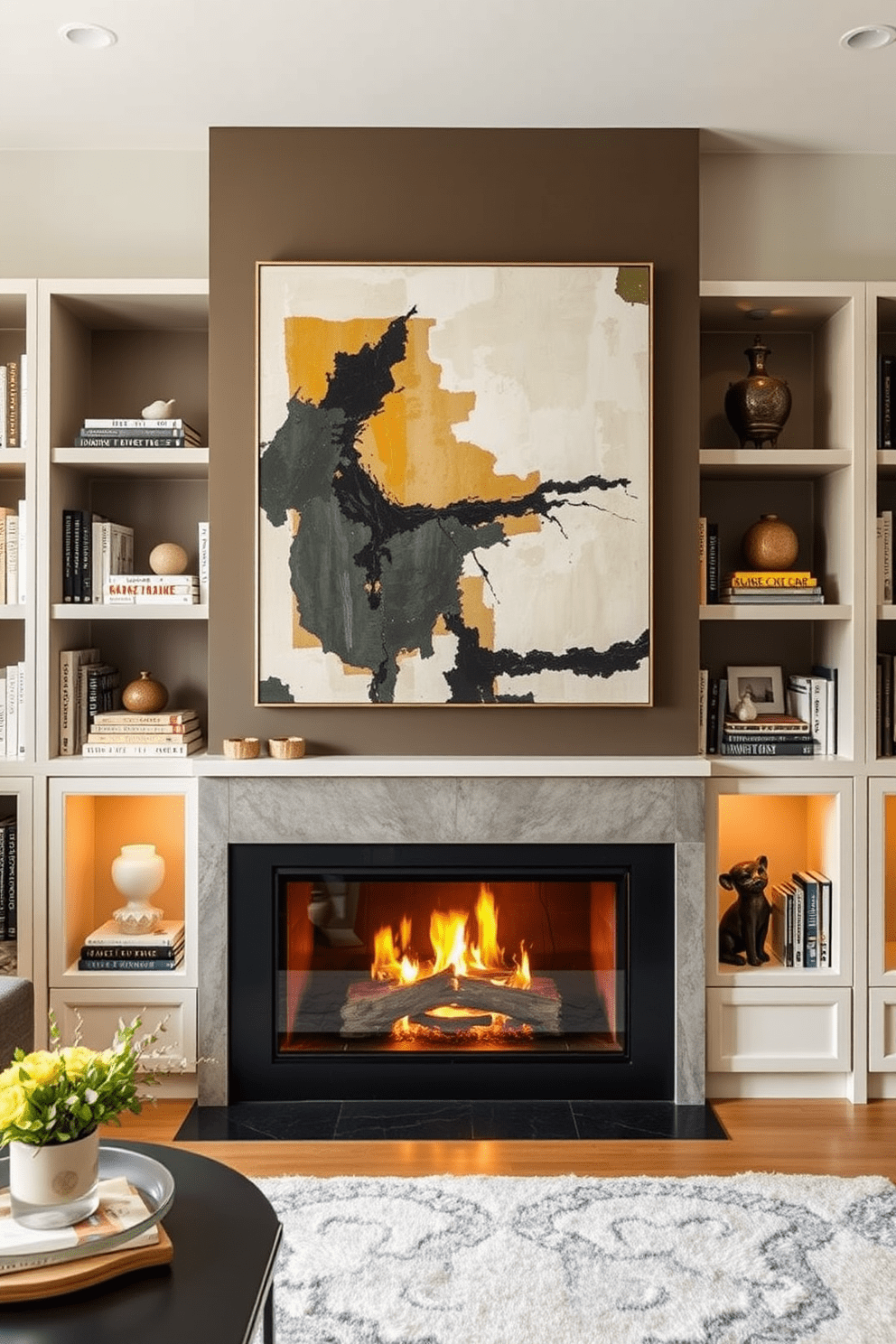 A cozy living room featuring a contemporary fireplace with a large abstract artwork hanging above it. The fireplace is framed by sleek built-in shelves filled with books and decorative items, creating a warm and inviting atmosphere.