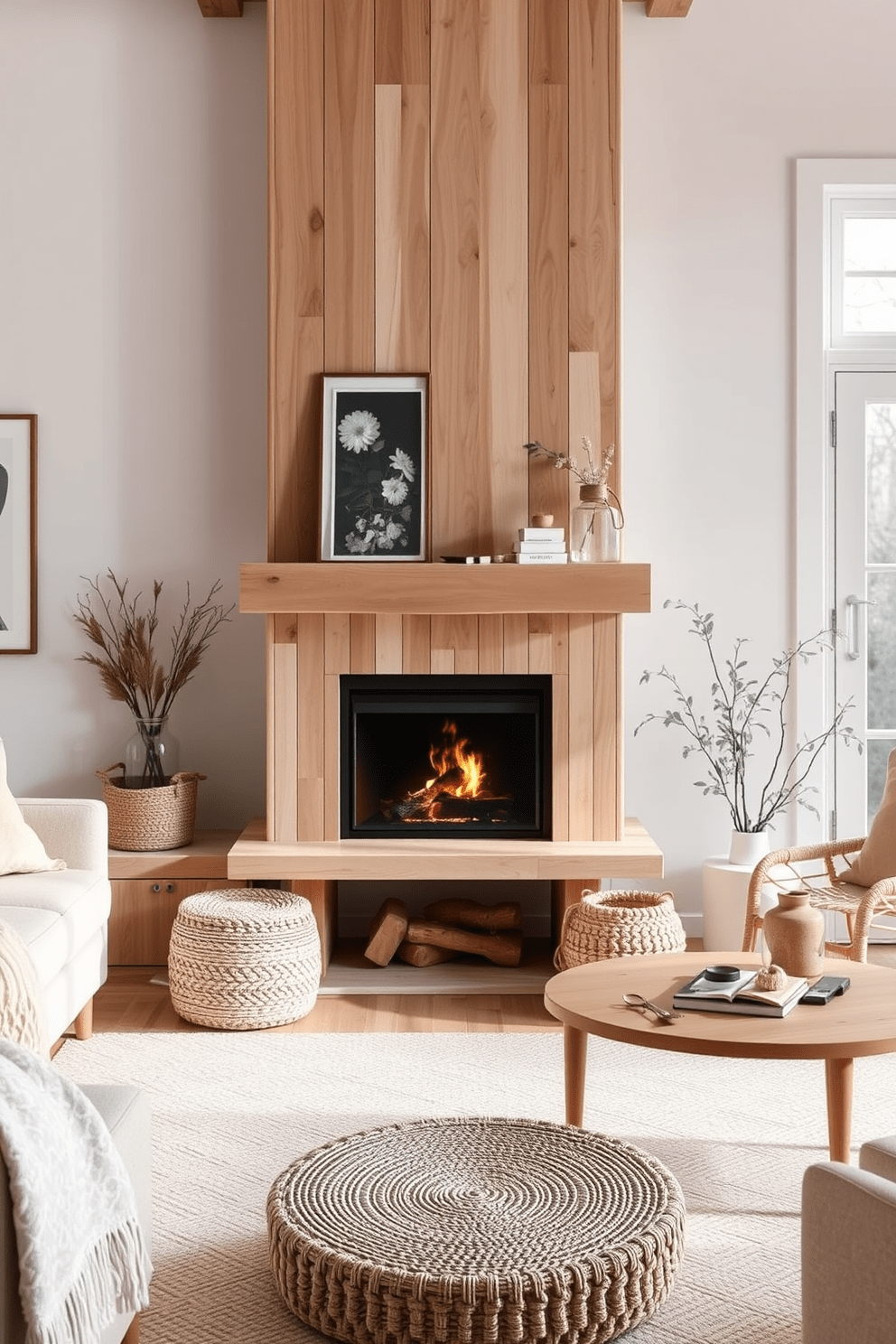 A cozy Scandinavian style living room features a light wood fireplace as the focal point. The surrounding area is adorned with soft, neutral-toned furnishings and natural textures, creating a warm and inviting atmosphere.