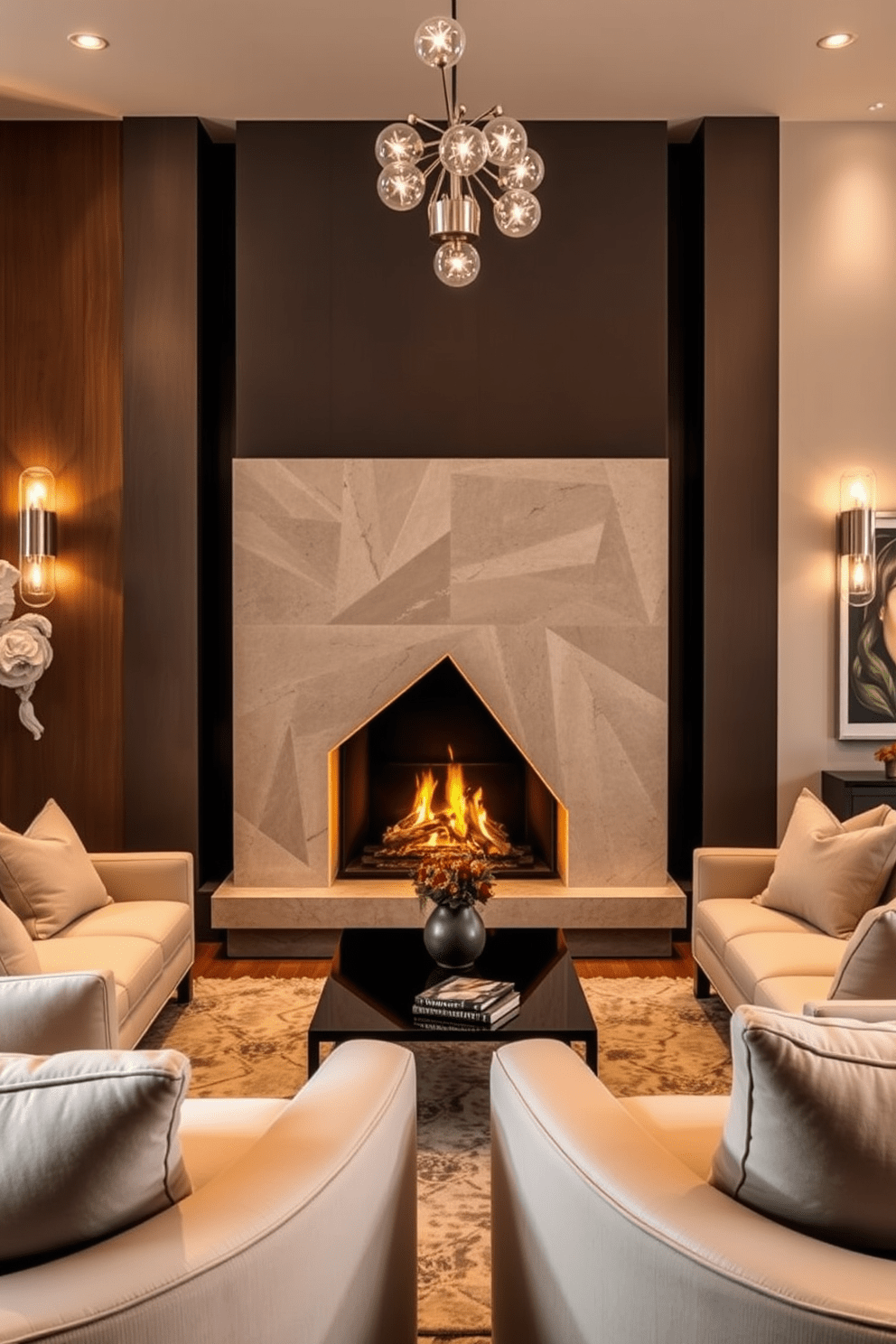 A striking fireplace with a unique geometric design serves as the focal point of the living room. Surrounding the fireplace, plush seating in neutral tones invites comfort and relaxation, while a modern coffee table adds a touch of elegance. The walls are adorned with contemporary art, enhancing the room's artistic vibe. Warm lighting fixtures create an inviting atmosphere, making the space perfect for cozy gatherings.