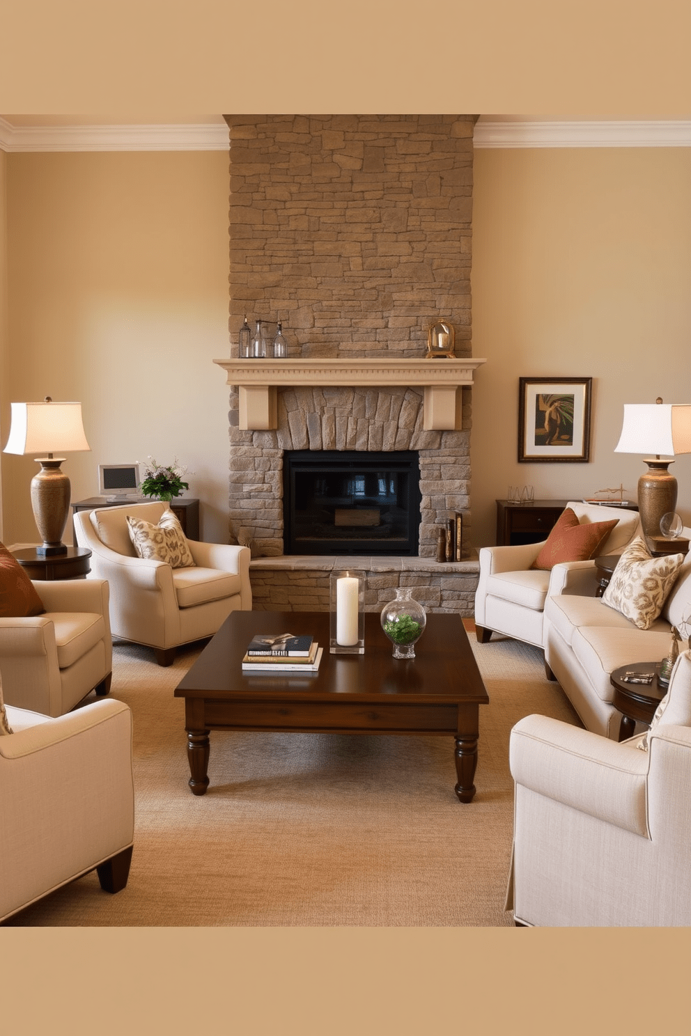 A warm and inviting living room features a classic stone fireplace as the focal point. Surrounding the fireplace are plush armchairs and a comfortable sofa, arranged to create an intimate conversation area. The walls are painted in a soft beige hue, enhancing the cozy atmosphere. A large area rug anchors the seating, while a wooden coffee table sits at the center, adorned with decorative books and a scented candle.