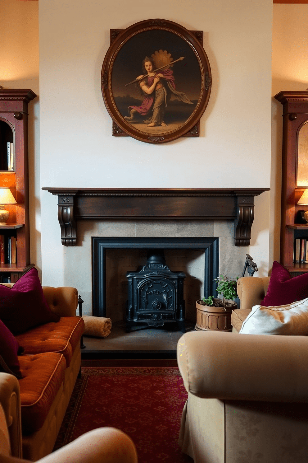 A vintage cast iron fireplace serves as the focal point of the living room, surrounded by elegant wooden mantelpieces. Plush seating in rich fabrics is arranged to create a cozy atmosphere, complemented by warm lighting that enhances the fireplace's charm.