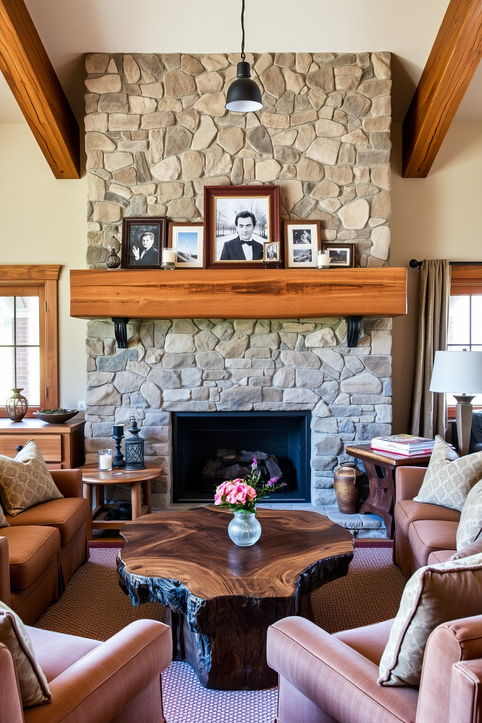 A rustic stone fireplace serves as the focal point of the living room, surrounded by warm wooden accents. The mantel is adorned with carefully curated decor, including candles and framed photographs, creating a cozy atmosphere. Plush seating arrangements in earthy tones invite relaxation, while a handcrafted coffee table adds a touch of artisanal charm. Soft lighting from stylish fixtures enhances the inviting ambiance, making it the perfect space for gatherings.