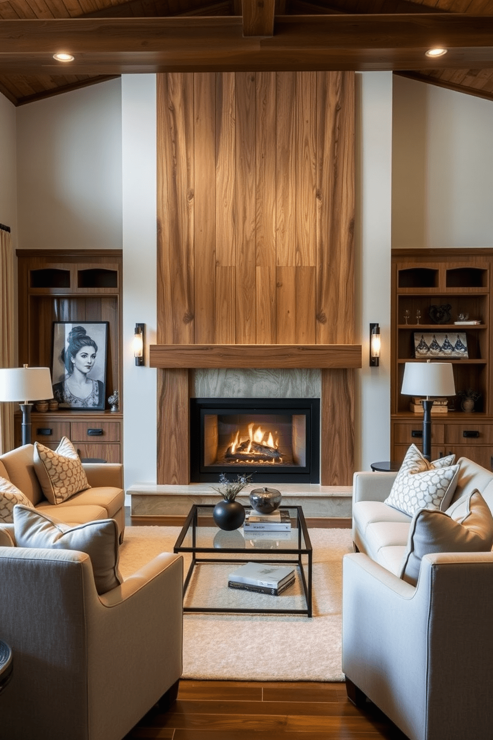 A cozy living room featuring a fireplace with a custom wood surround that adds warmth and elegance. The space is adorned with plush seating arranged around the fireplace, creating an inviting atmosphere for gatherings. Soft lighting fixtures illuminate the room, complementing the natural tones of the wood and the fireplace. Decorative elements such as a stylish coffee table and art pieces enhance the overall aesthetic, making it a perfect retreat.