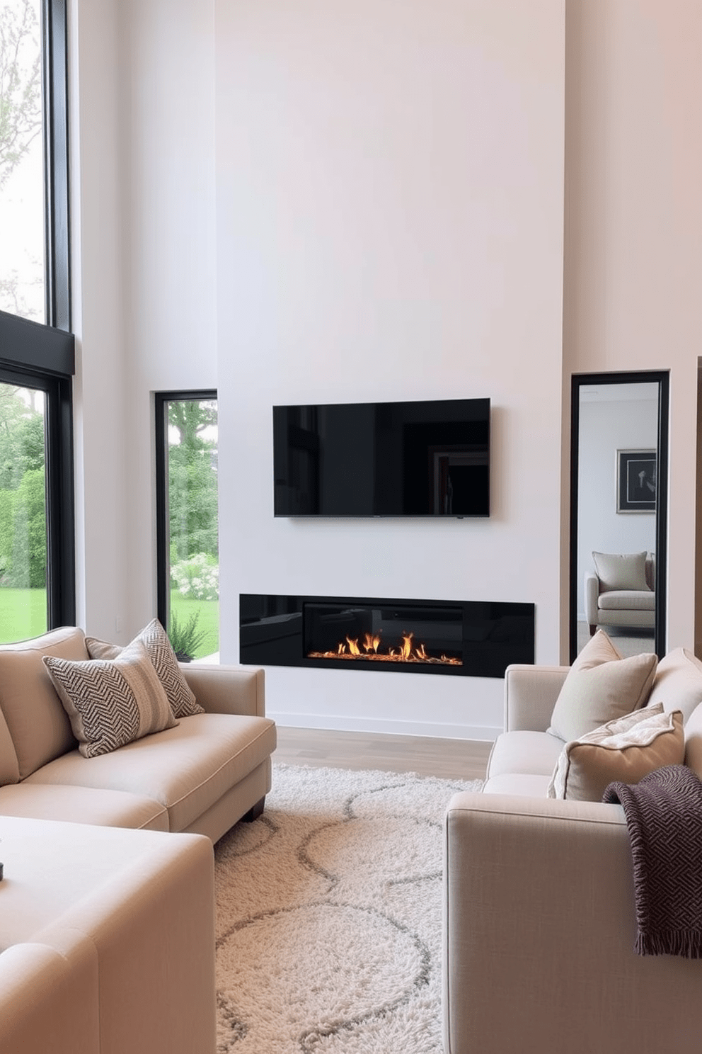 A sleek wall-mounted electric fireplace serves as a stunning focal point in the living room. Surrounding the fireplace, minimalist furniture in neutral tones creates a cozy yet contemporary atmosphere. Large windows allow natural light to flood the space, enhancing the warm glow of the fire. Textured throw pillows and a plush area rug add comfort and style, inviting relaxation in this modern retreat.