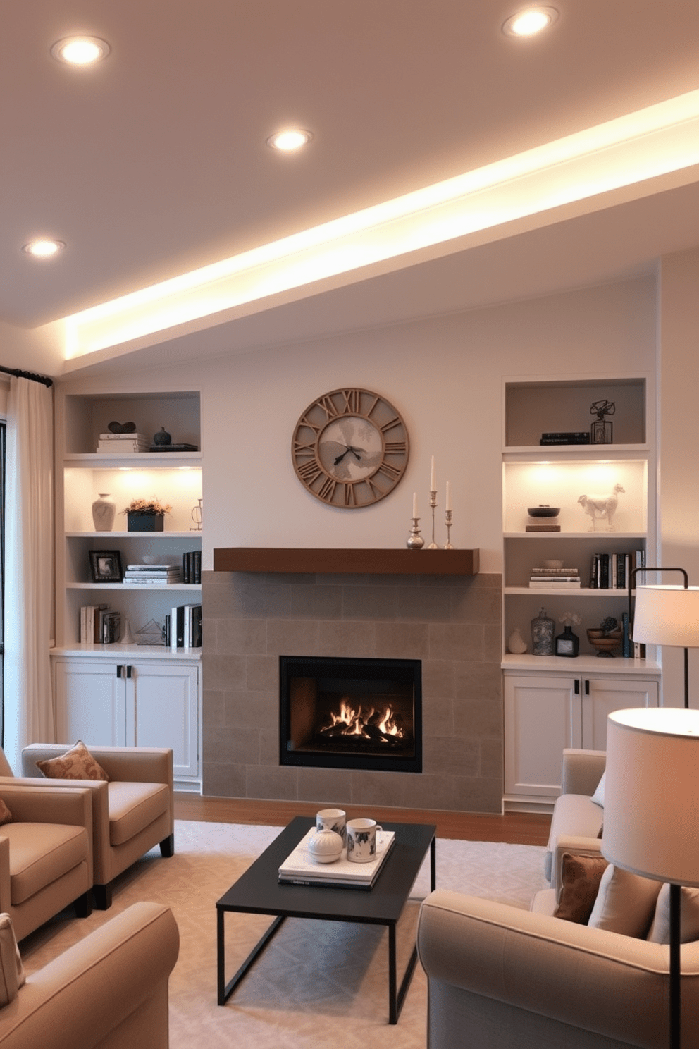 A cozy living room featuring a modern fireplace as the focal point. The fireplace is surrounded by built-in shelving that showcases decorative items and books. Layered lighting enhances the ambiance with recessed ceiling lights and stylish floor lamps. Soft, warm tones in the furnishings create a welcoming atmosphere, inviting relaxation and conversation.