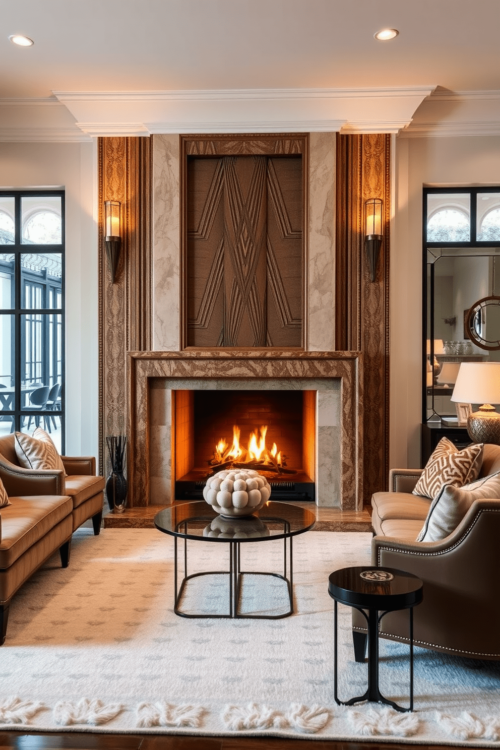 A stunning art deco fireplace serves as the focal point of the living room, adorned with intricate geometric patterns and luxurious materials. The surrounding area features plush seating arrangements and elegant decor that complement the fireplace's opulent design.