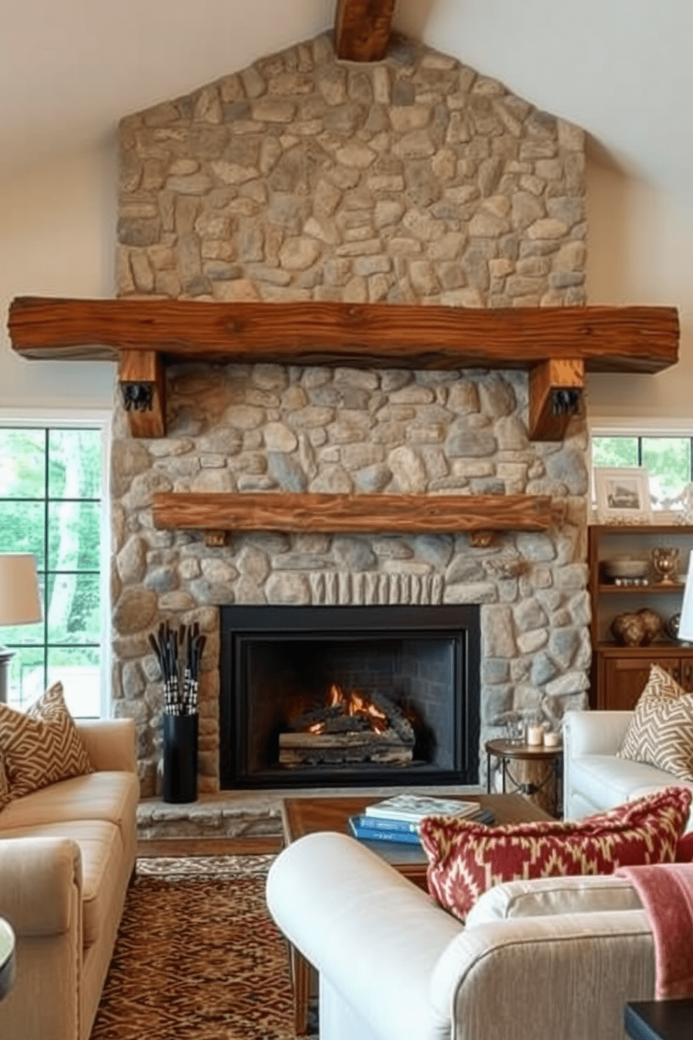 A cozy living room features a stunning fireplace with a rustic beam mantel that adds character to the space. The surrounding area is adorned with plush seating, warm textiles, and a blend of natural wood and stone elements, creating an inviting atmosphere.