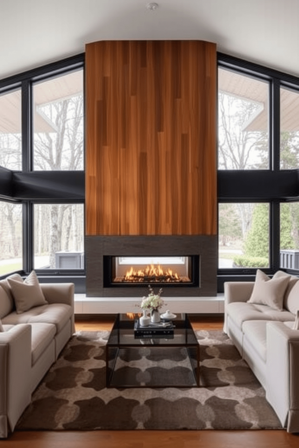 A contemporary fireplace with a linear design serves as the focal point of the living room. The sleek, minimalist structure is surrounded by a warm wood paneling that enhances the modern aesthetic. Large windows on either side of the fireplace flood the space with natural light, creating an inviting atmosphere. Plush seating in neutral tones complements the elegant decor, while a geometric area rug adds texture to the floor.