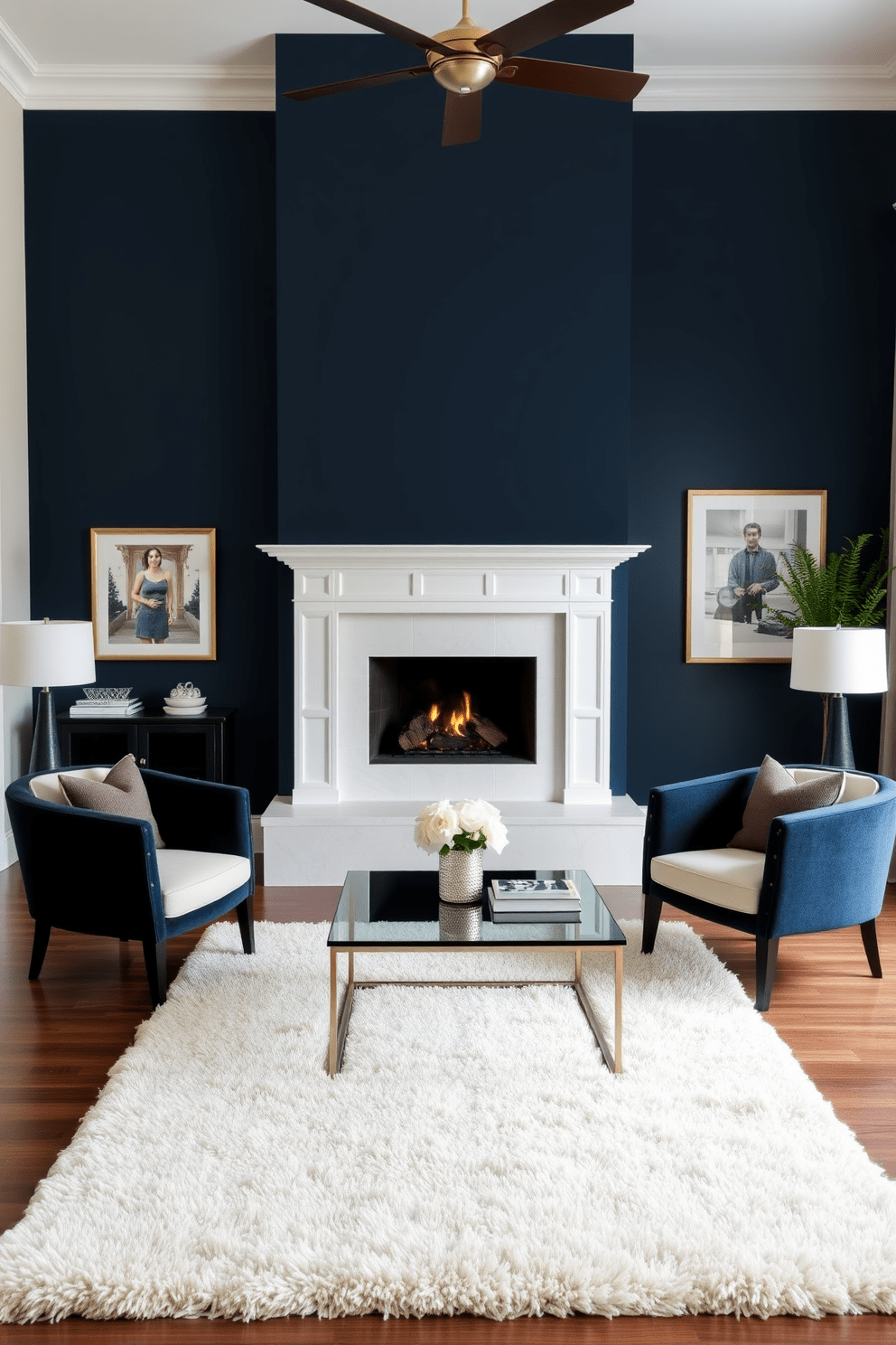 A cozy living room featuring a fireplace as the focal point. The bold accent wall is painted in a deep navy blue, contrasting beautifully with the light-colored furnishings. In front of the fireplace, a plush area rug anchors the seating arrangement. A pair of stylish armchairs flanks a modern coffee table, creating an inviting space for relaxation.