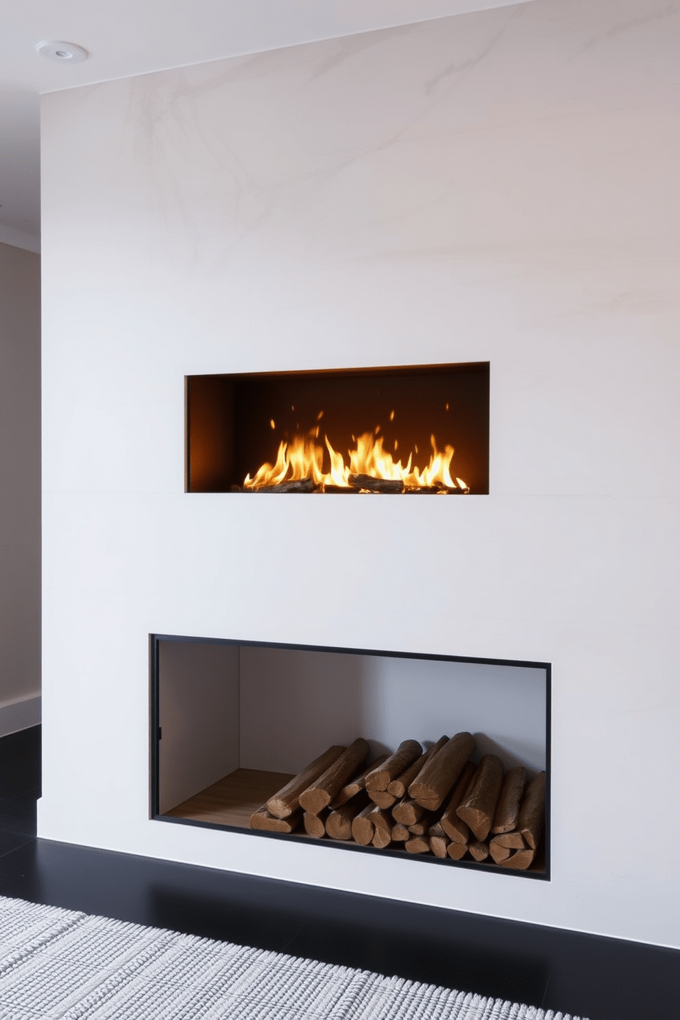 A minimalist fireplace is the focal point of the living room, featuring a sleek design that seamlessly integrates into the wall. Below the fireplace, hidden storage compartments provide a clean and uncluttered look while offering practical space for logs and accessories.