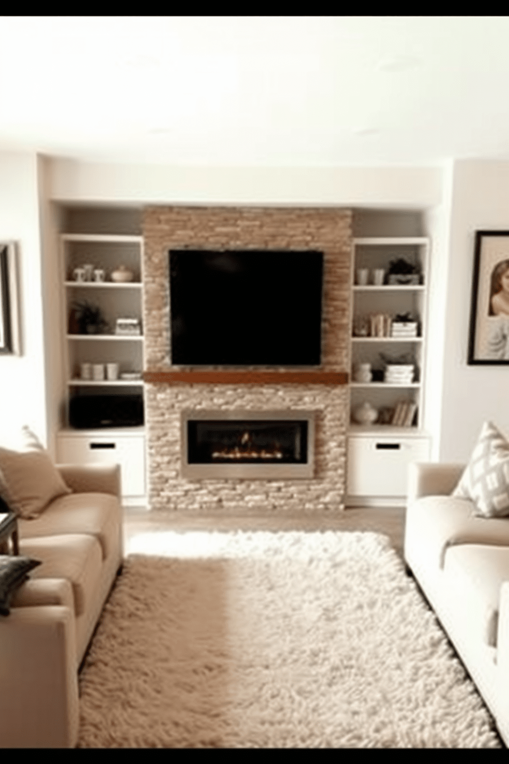 A cozy living room featuring a modern fireplace with an integrated media unit positioned above it. The fireplace has a sleek design, surrounded by a stone facade that adds warmth to the space. The media unit is built into the wall, providing a seamless look with ample storage for electronics and decor. Plush seating arrangements in neutral tones complement the inviting atmosphere, while a soft area rug anchors the space.