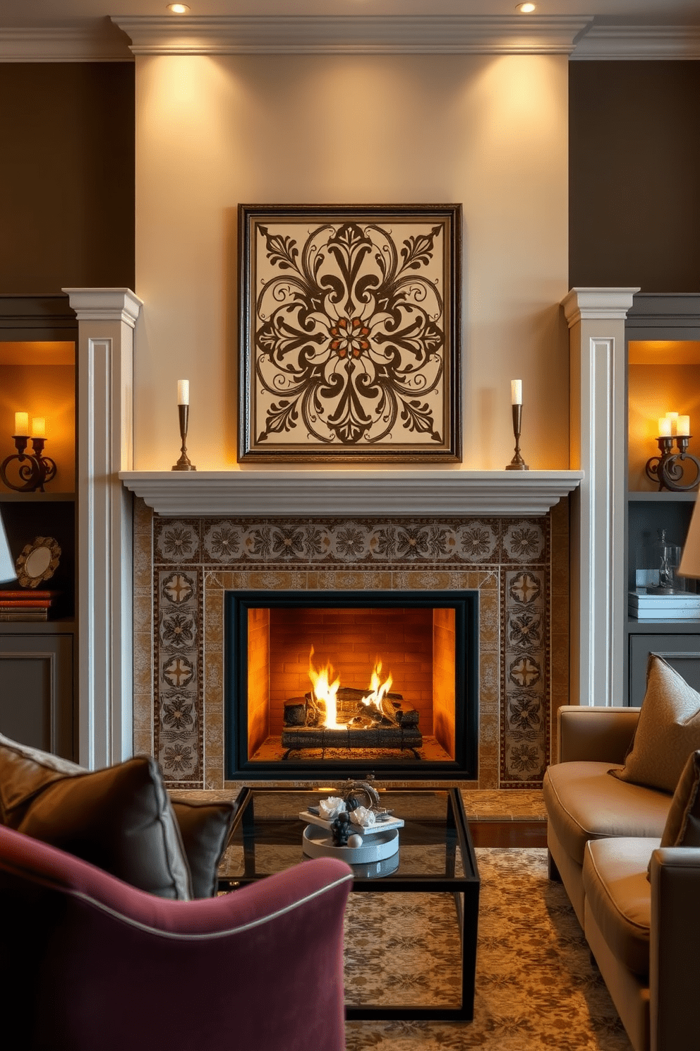 Chic fireplace with decorative tile work. The fireplace is the focal point of the living room, surrounded by elegant furniture and warm lighting. The tile work features intricate patterns in earthy tones, complementing the overall decor. Plush seating arrangements invite relaxation, creating a cozy atmosphere in the space.